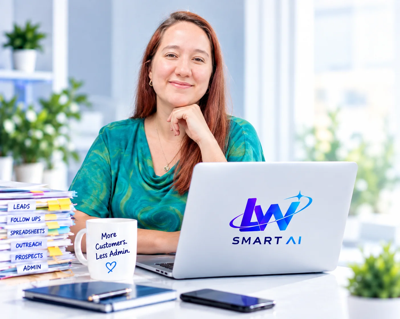 Small business owner working on a laptop with LW Smart AI benefits highlighted
