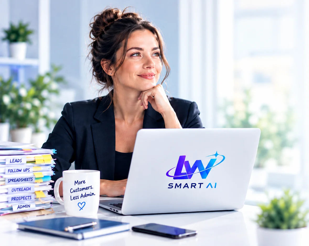 Small business owner working on a laptop with LW Smart AI benefits highlighted
