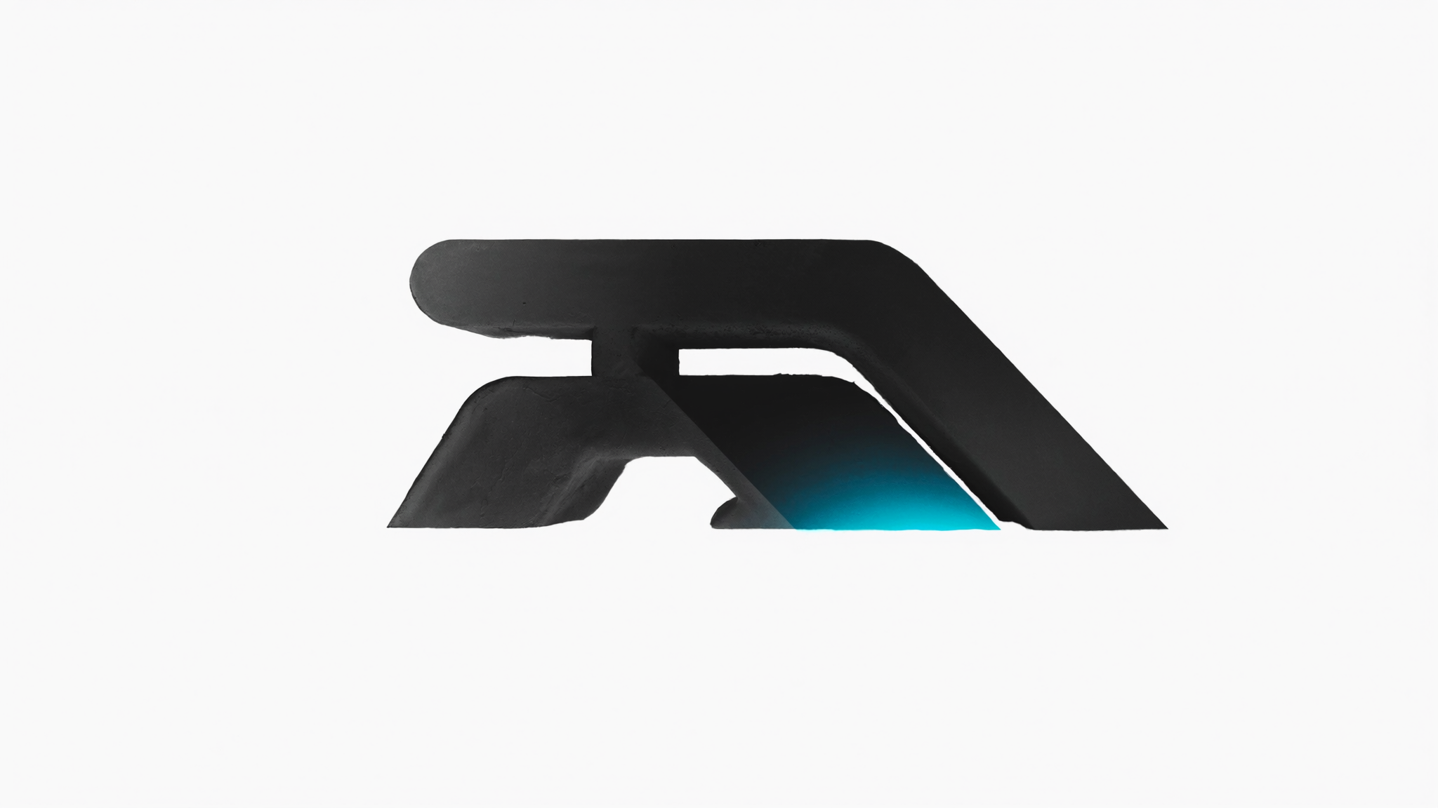 Black abstract logo with blue glowing accent on light background