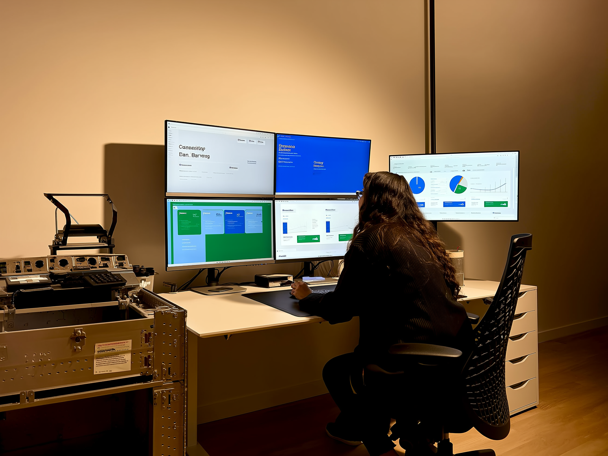 Person seated at desk viewing four monitors displaying various data dashboards and analytics