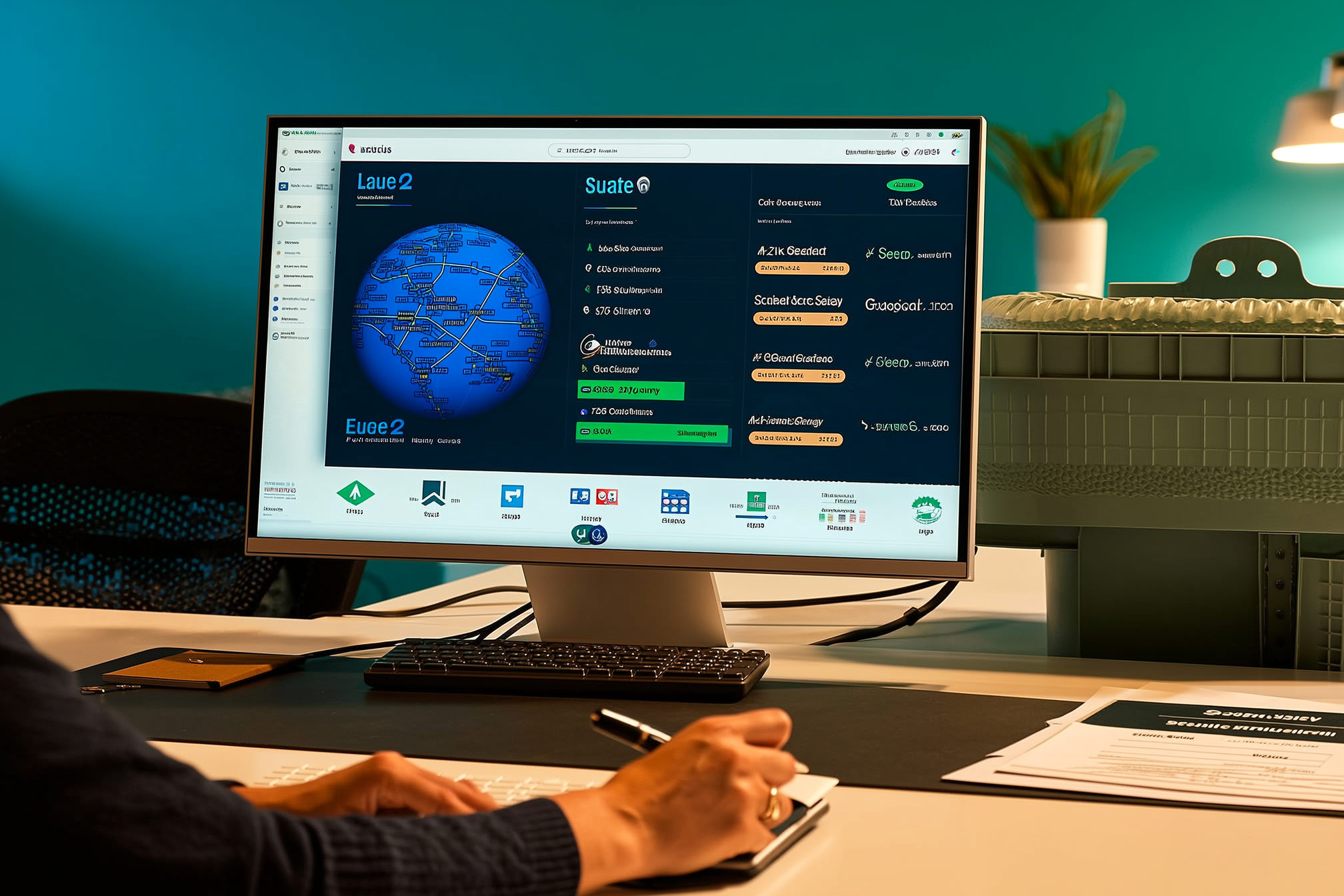 Person's hands at desk with monitor displaying world map analytics dashboard