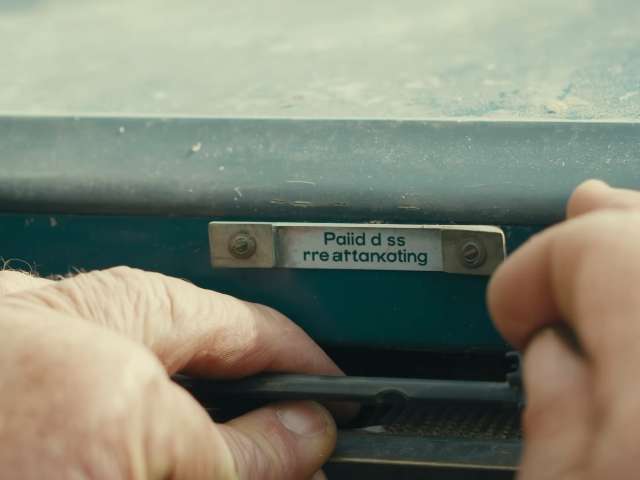 Close-up of hands holding a vintage typewriter with a worn label reading 'Paid ads retargeting