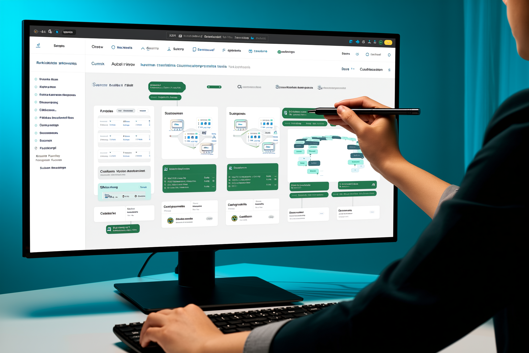Person pointing at computer monitor displaying a workflow diagram with green connected boxes and process flows