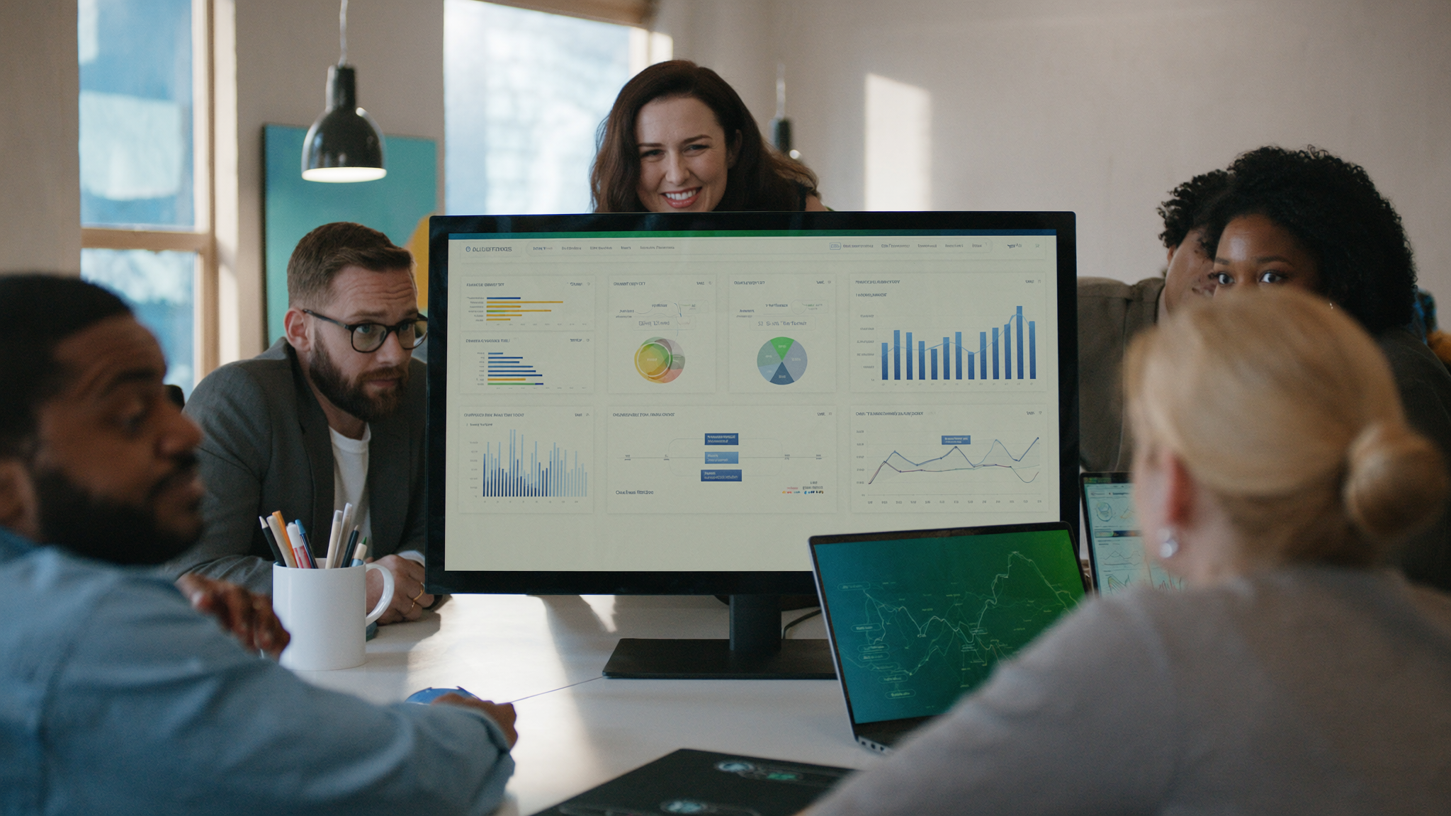 Business team reviewing analytics dashboard with charts and graphs on monitor
