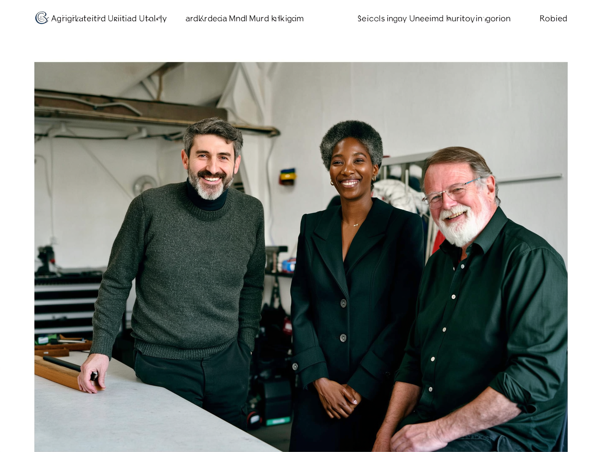 Three smiling people standing together at a work table in an industrial workshop setting