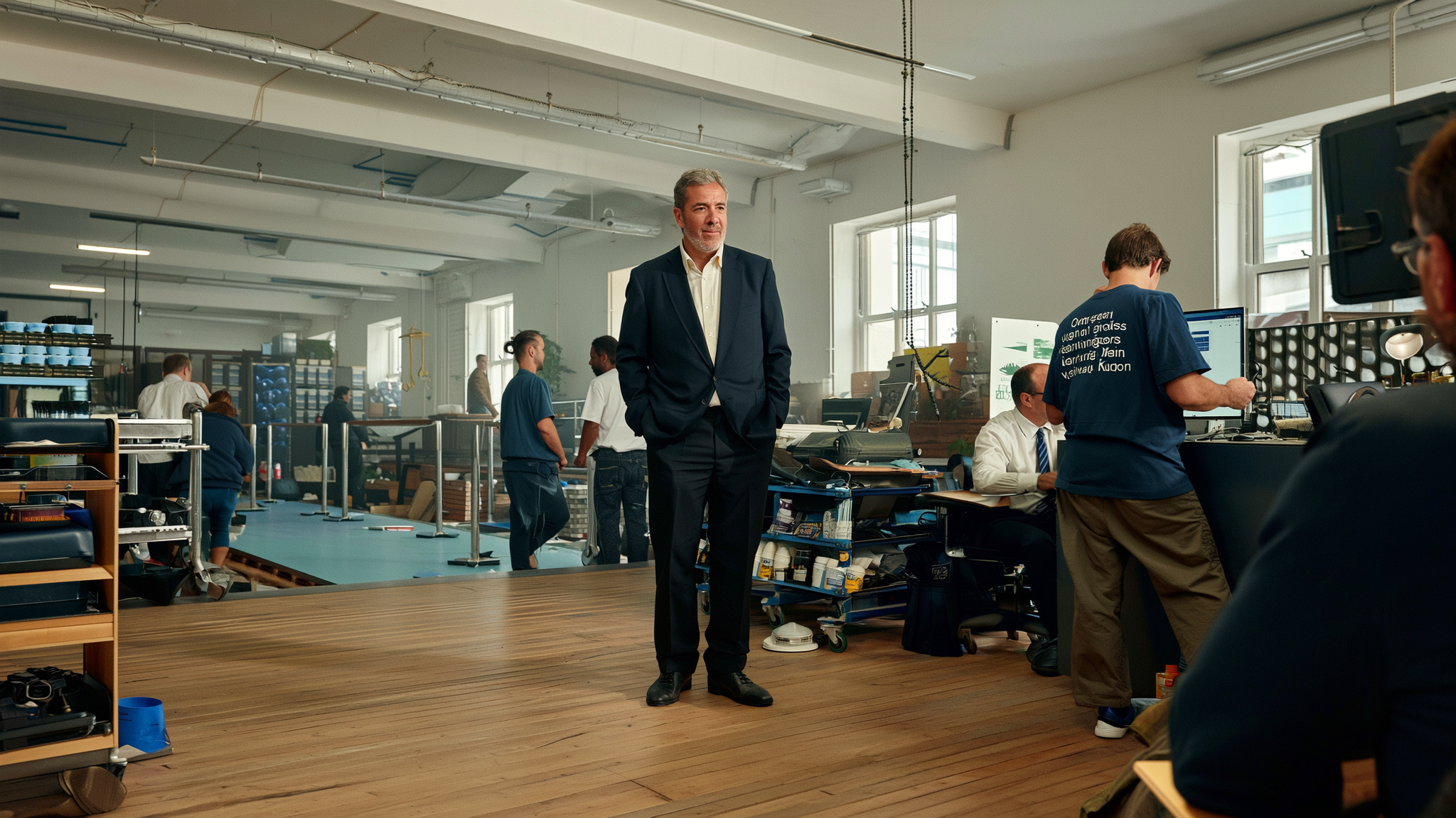 Man in dark blazer standing in bright workshop with engineers working at tables