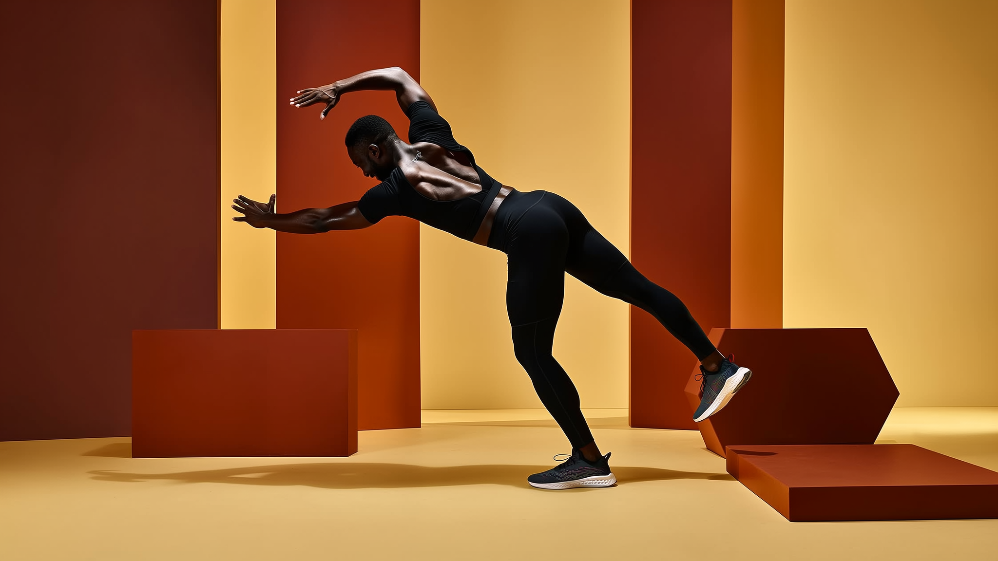 Athlete in black workout gear performing a dynamic balance exercise on one leg