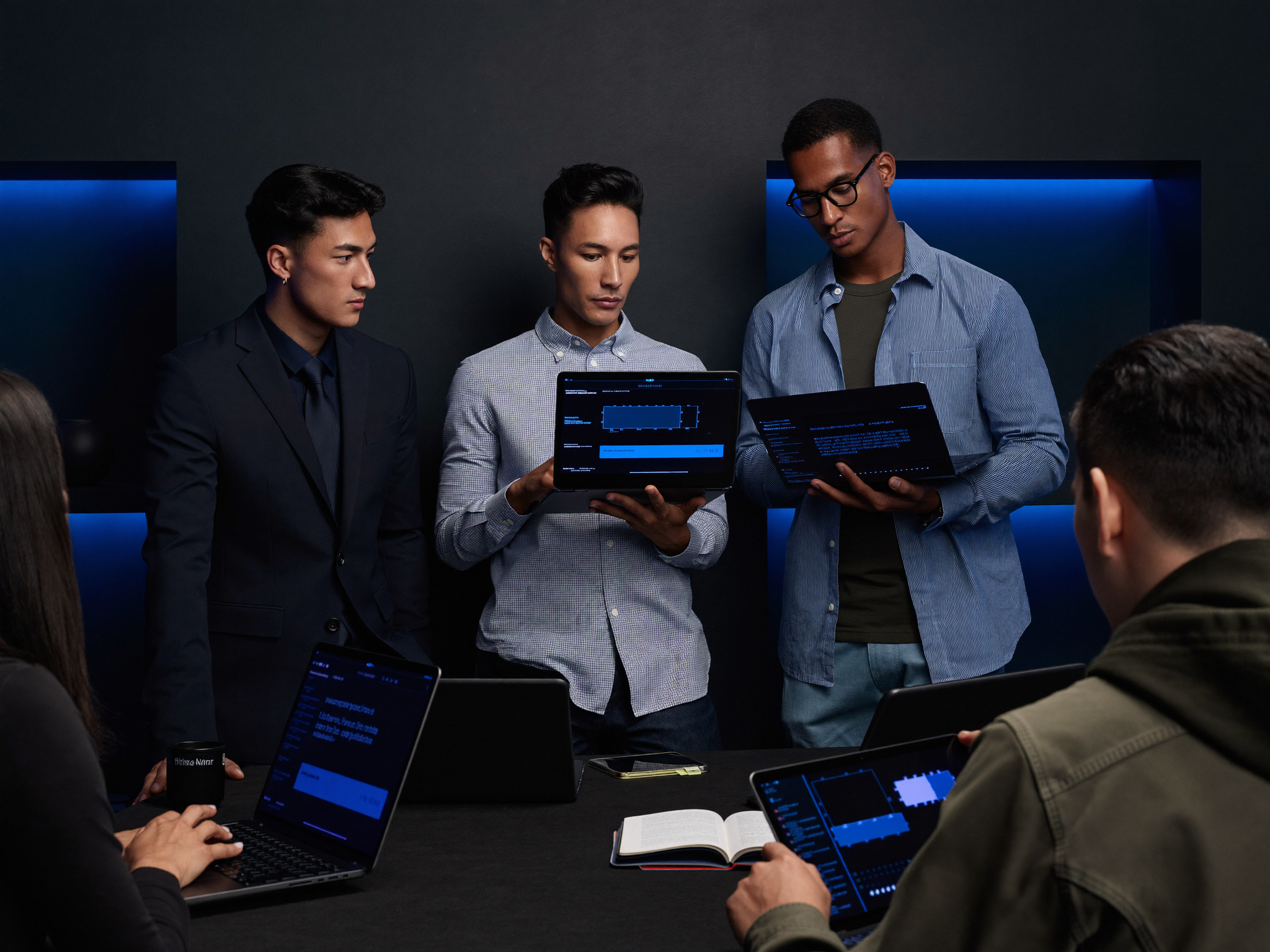 Three men review data on laptops in dark room with blue lighting