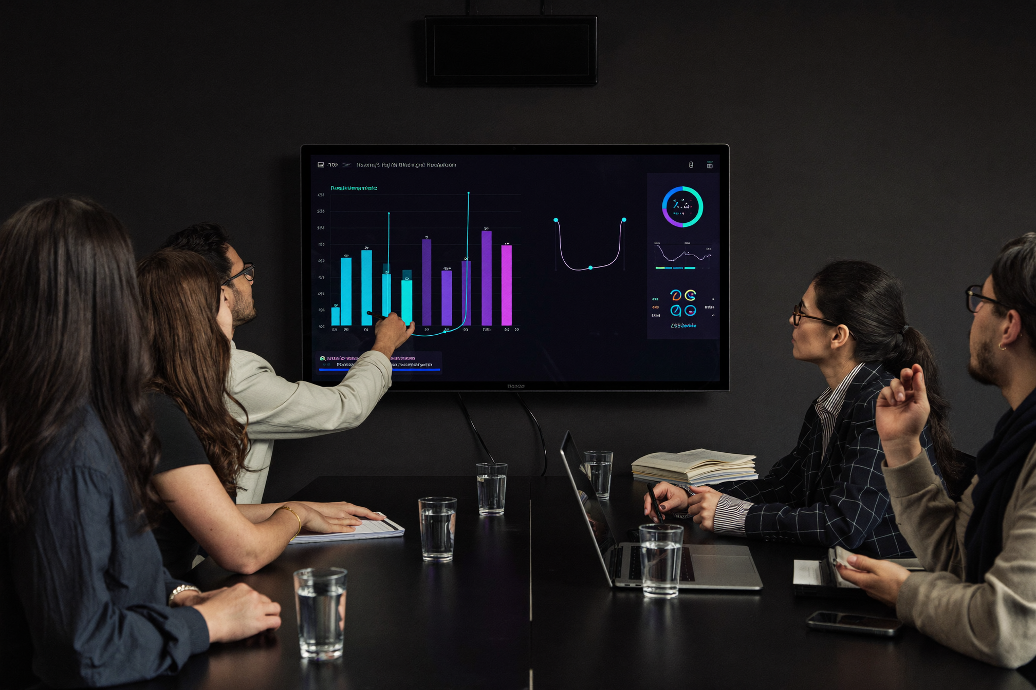 Four people in a meeting room viewing colorful bar and line charts on a wall-mounted screen