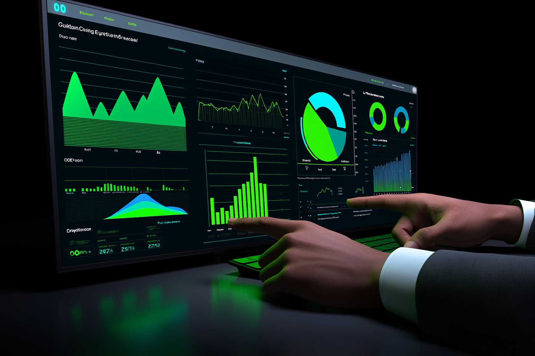 Person pointing at analytics dashboard with green charts and data visualizations on dark screen
