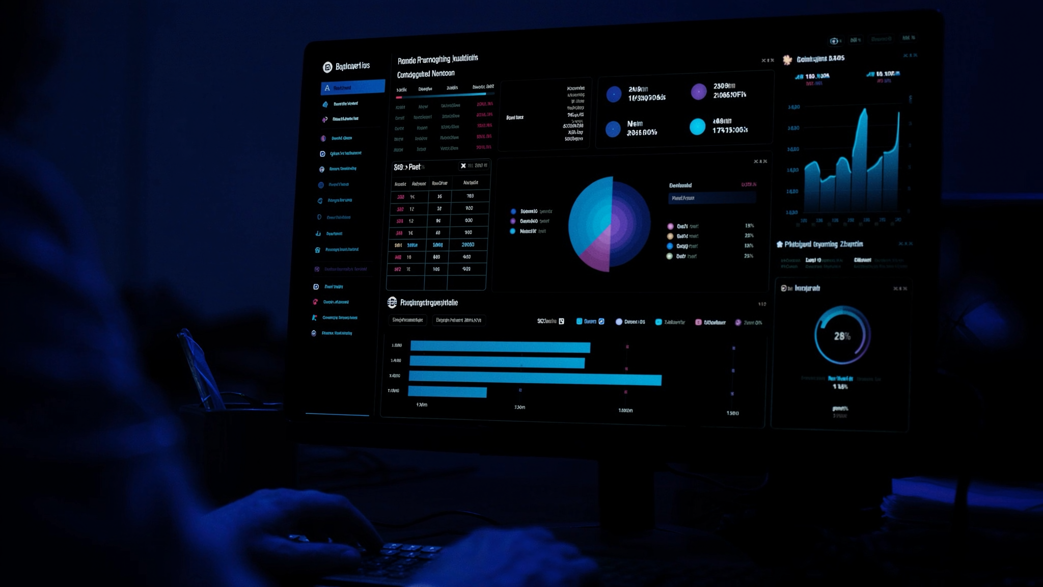 Person's hands at keyboard viewing dark-mode analytics dashboard with blue charts and graphs