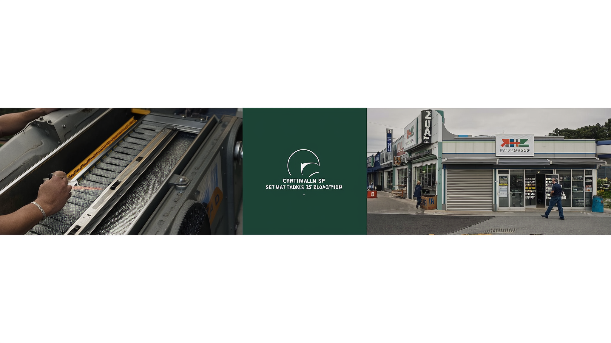 Collage showing car roof rack installation, business logo, and storefront exterior
