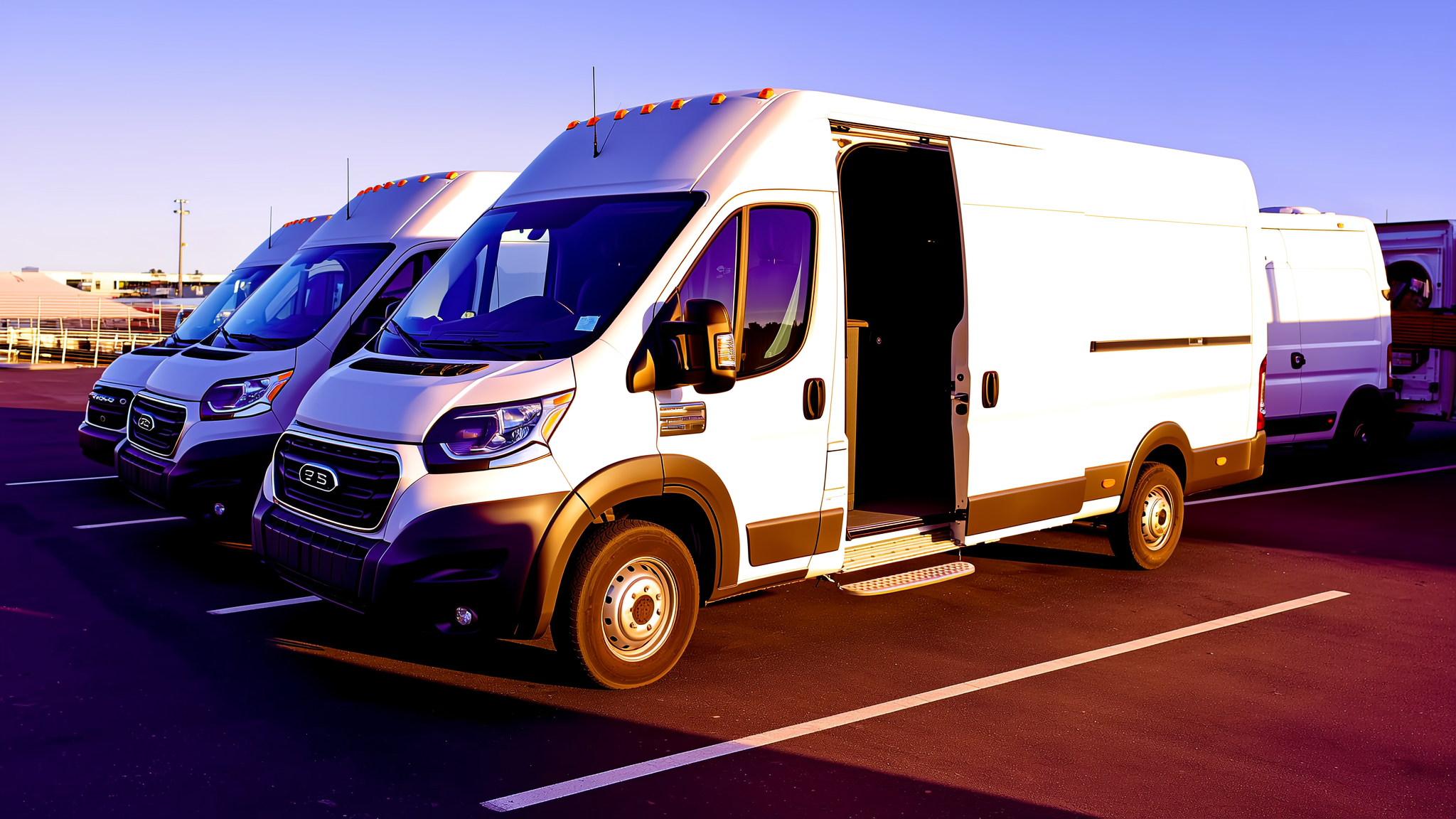 Row of white and blue commercial delivery vans parked in lot with open side door