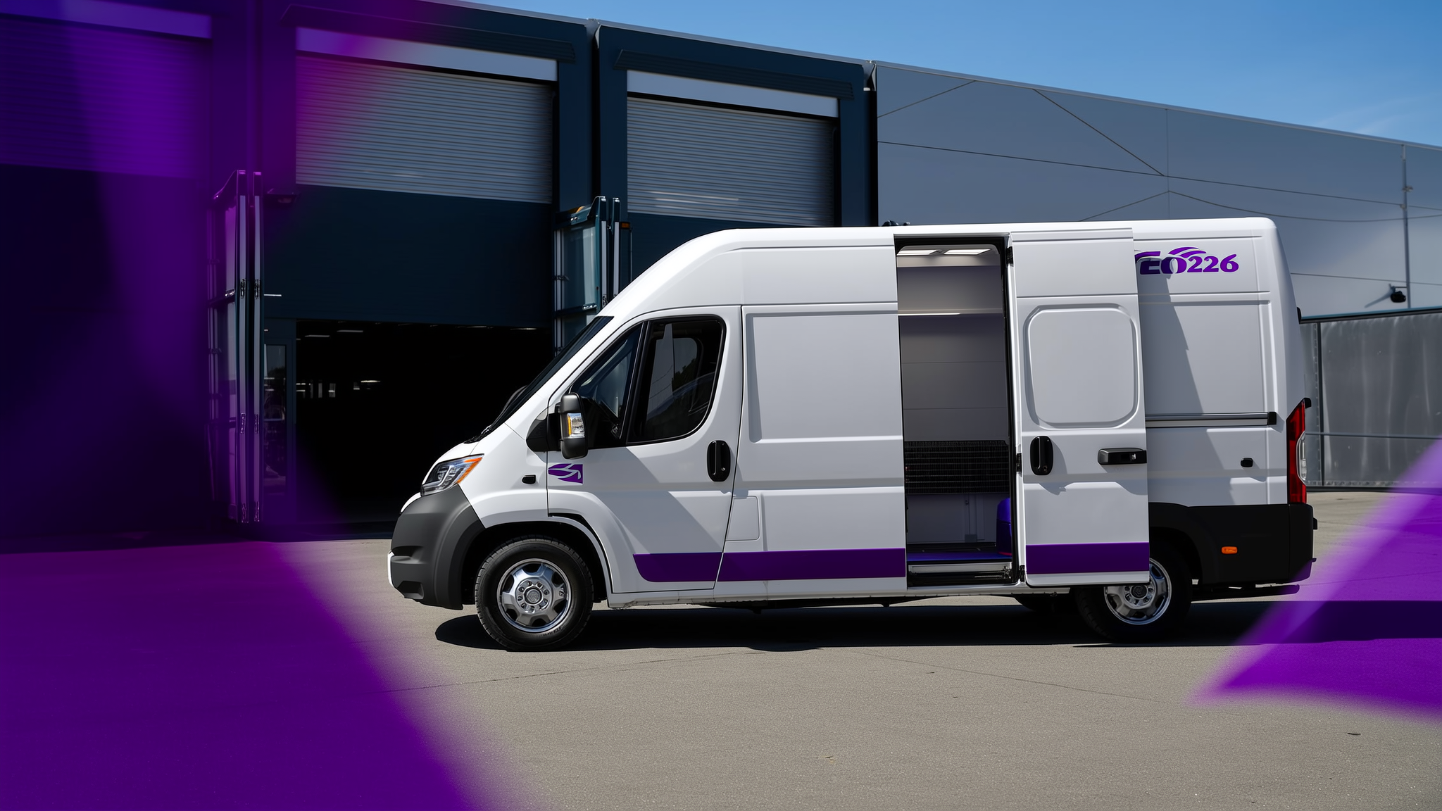 White and purple commercial van with open side door positioned outside industrial building