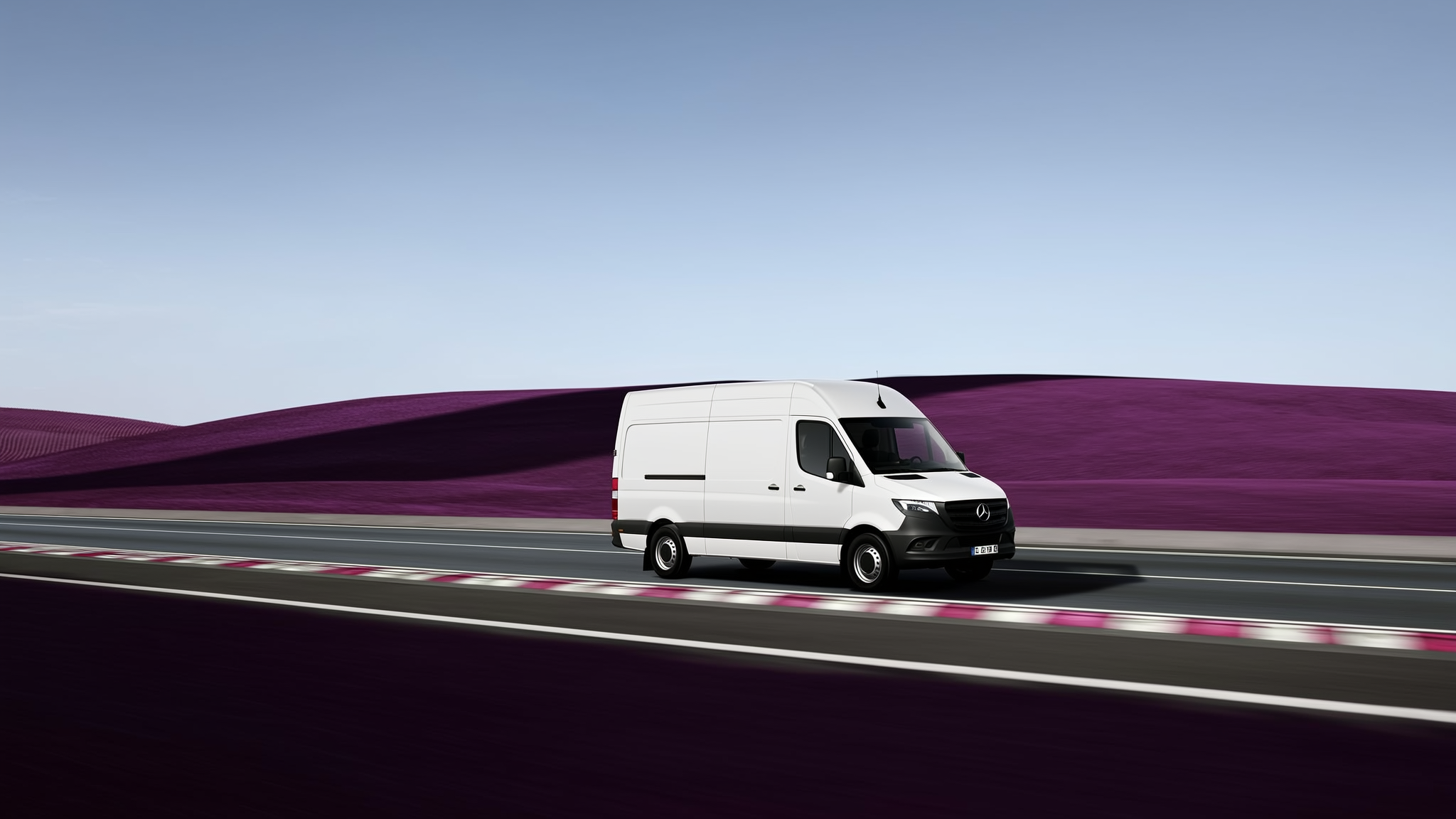 White delivery van driving on a highway with purple architectural structure in background