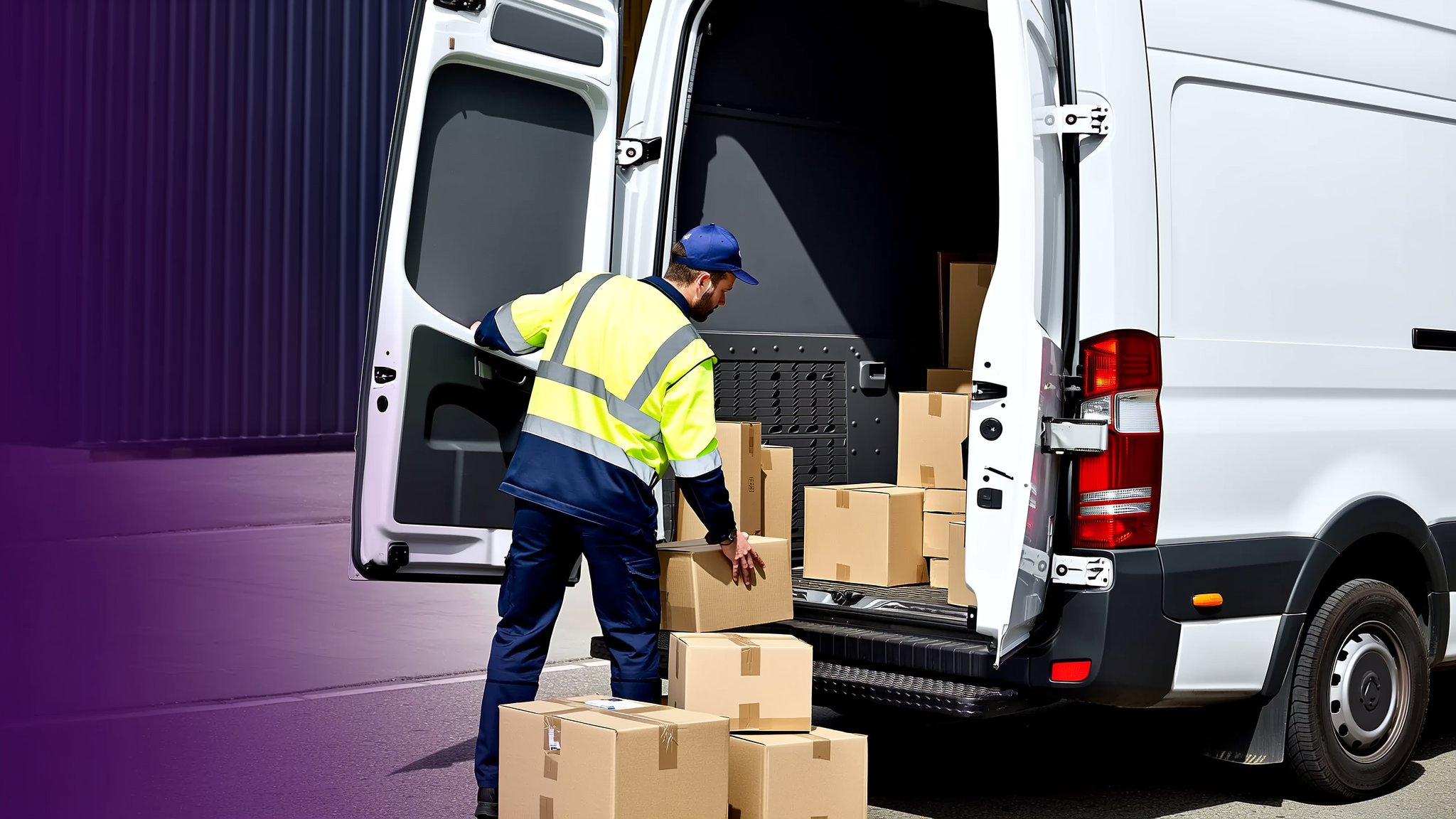 Worker in yellow safety vest loading cardboard boxes into white delivery van