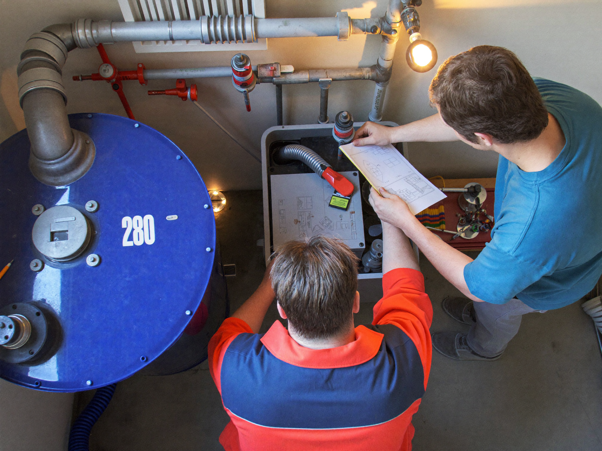 Two technicians working on a large blue water tank system with pipes and valves