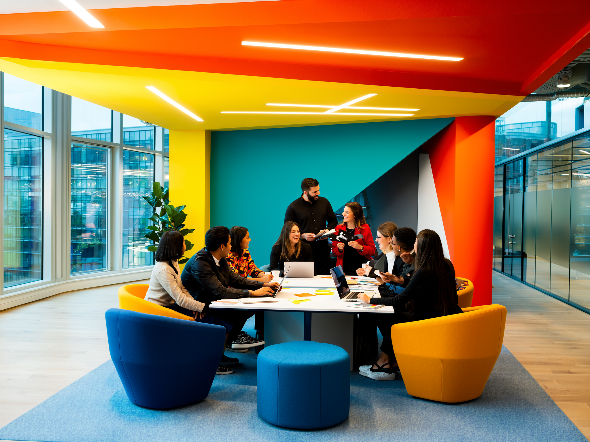 Team of seven people meeting around table in colorful modern office space