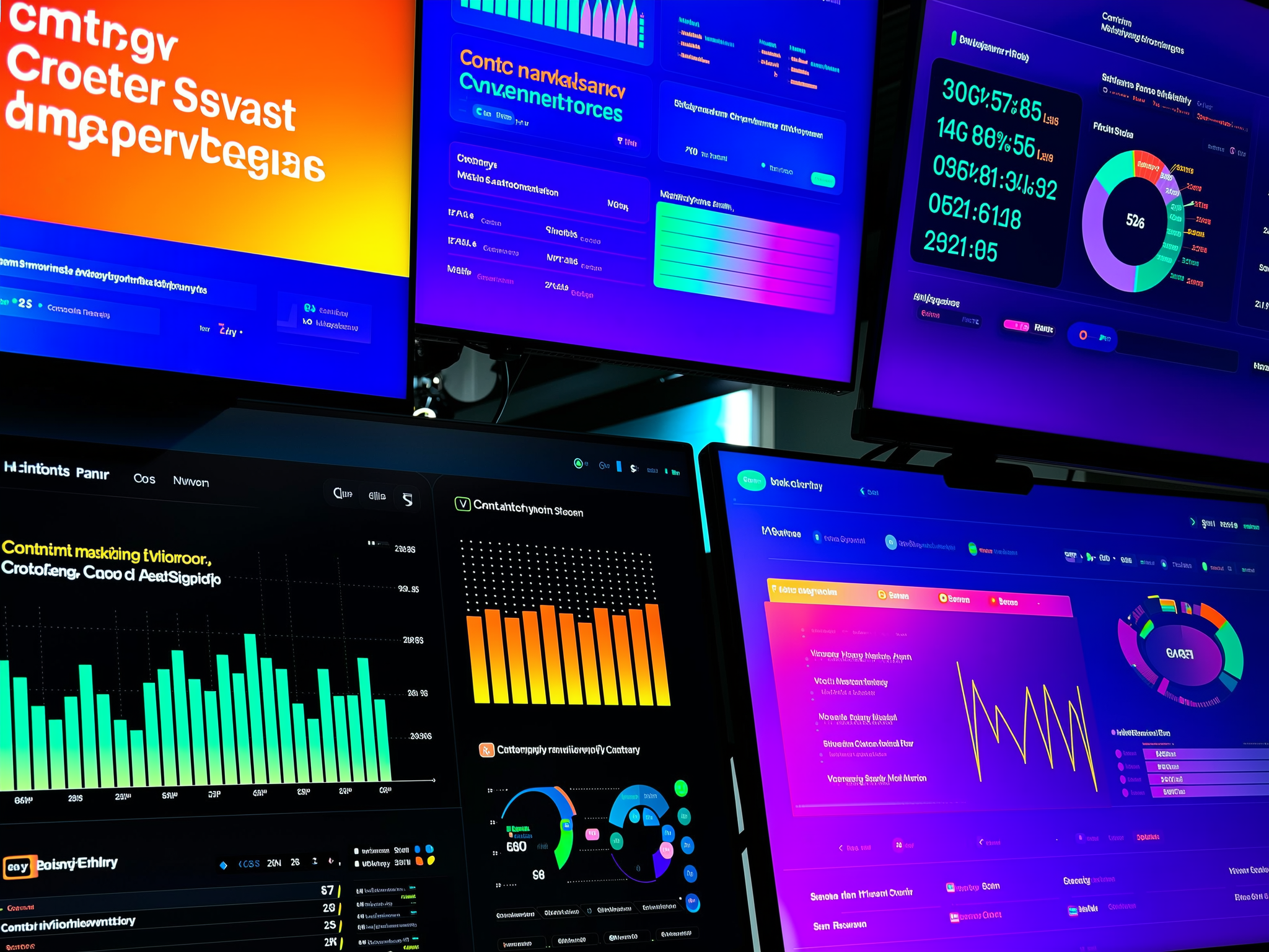 Multiple computer monitors displaying colorful analytics dashboards with charts, graphs, and metrics in blue and purple themes