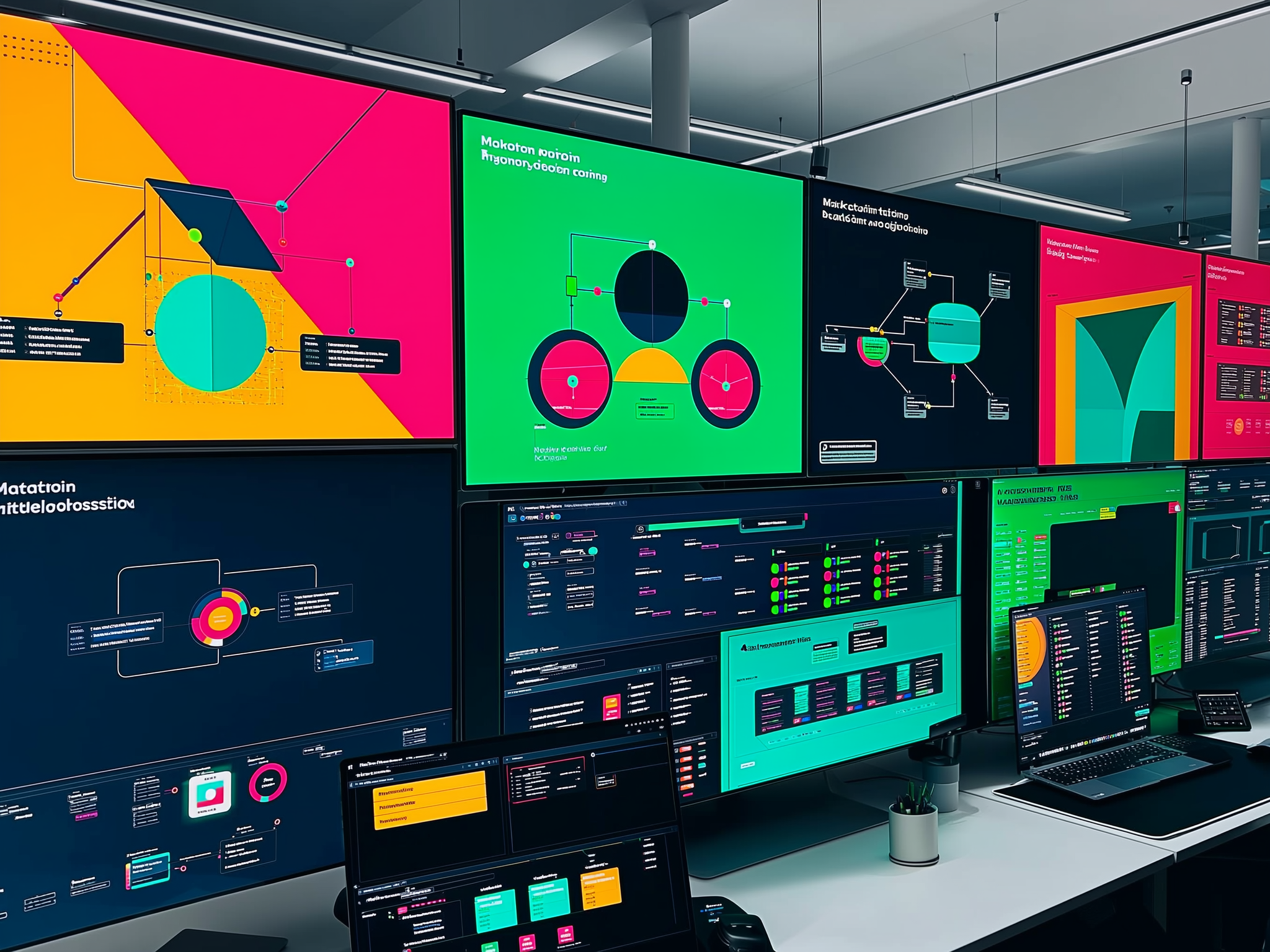 Multiple colorful screens displaying data visualizations, diagrams, and software interfaces in a modern office workspace