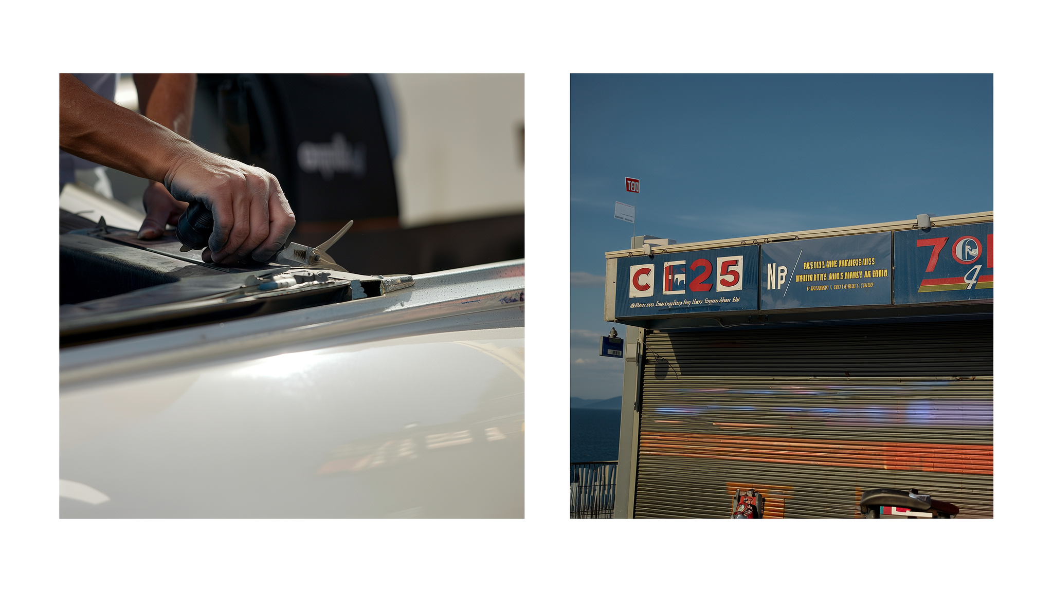 Left: Hand working on car paint detail. Right: Baseball stadium scoreboard exterior.