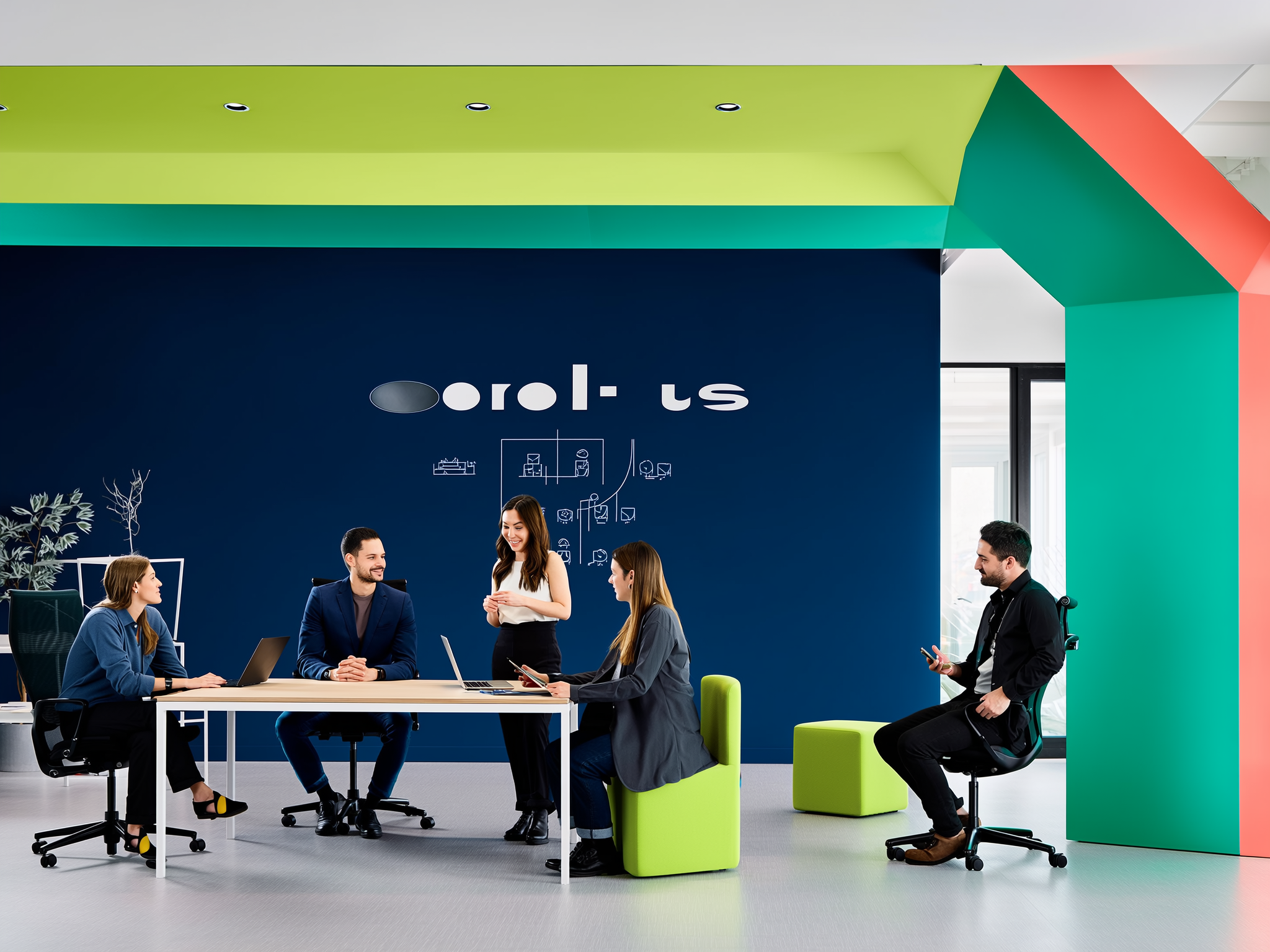 Team of five people collaborating in modern office with colorful geometric wall design