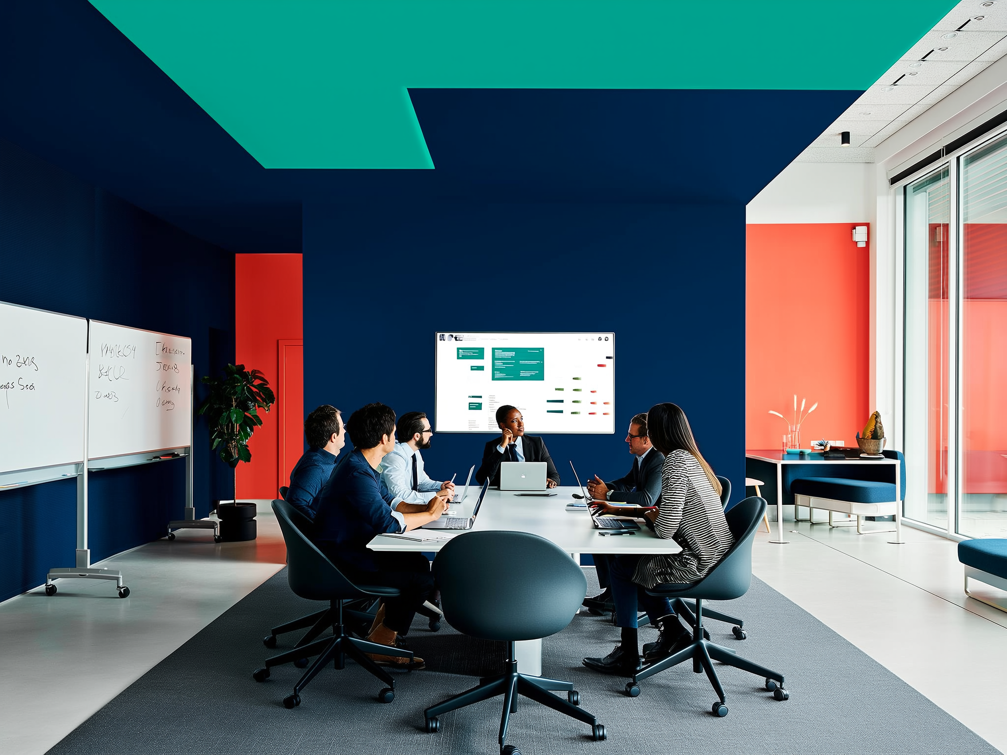 Six people seated around a white table in a modern office with bold blue and red walls