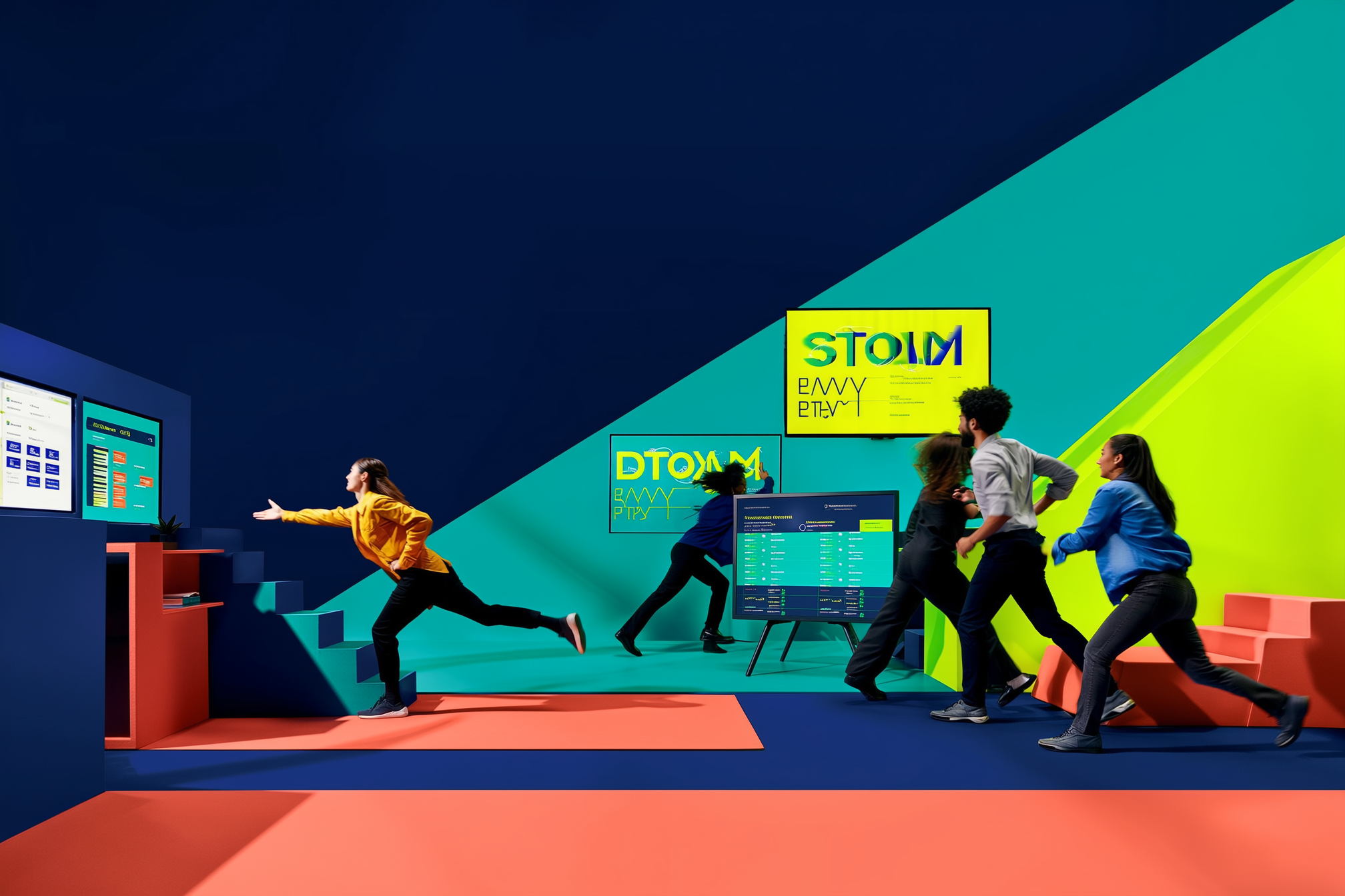Four people in colorful setting with tech displays and signage, appearing to move or run