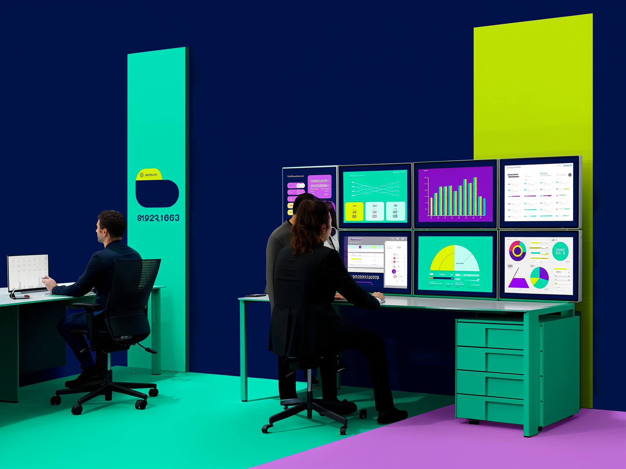 Two people working at desks with laptops and a wall of colorful analytics dashboard screens displaying charts and data visualizations