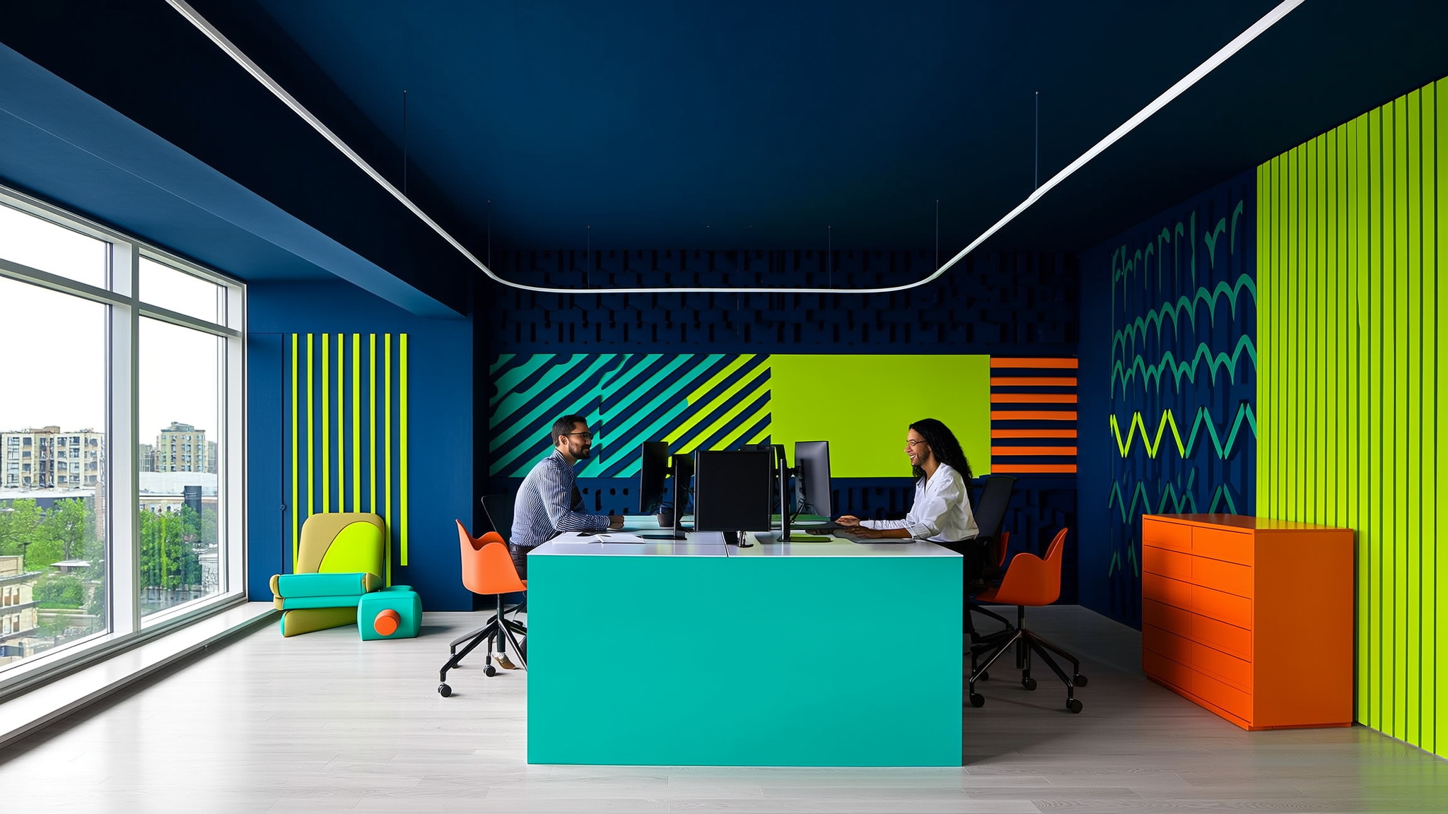 Modern office workspace with bright turquoise desk, colorful geometric wall patterns, and two people working