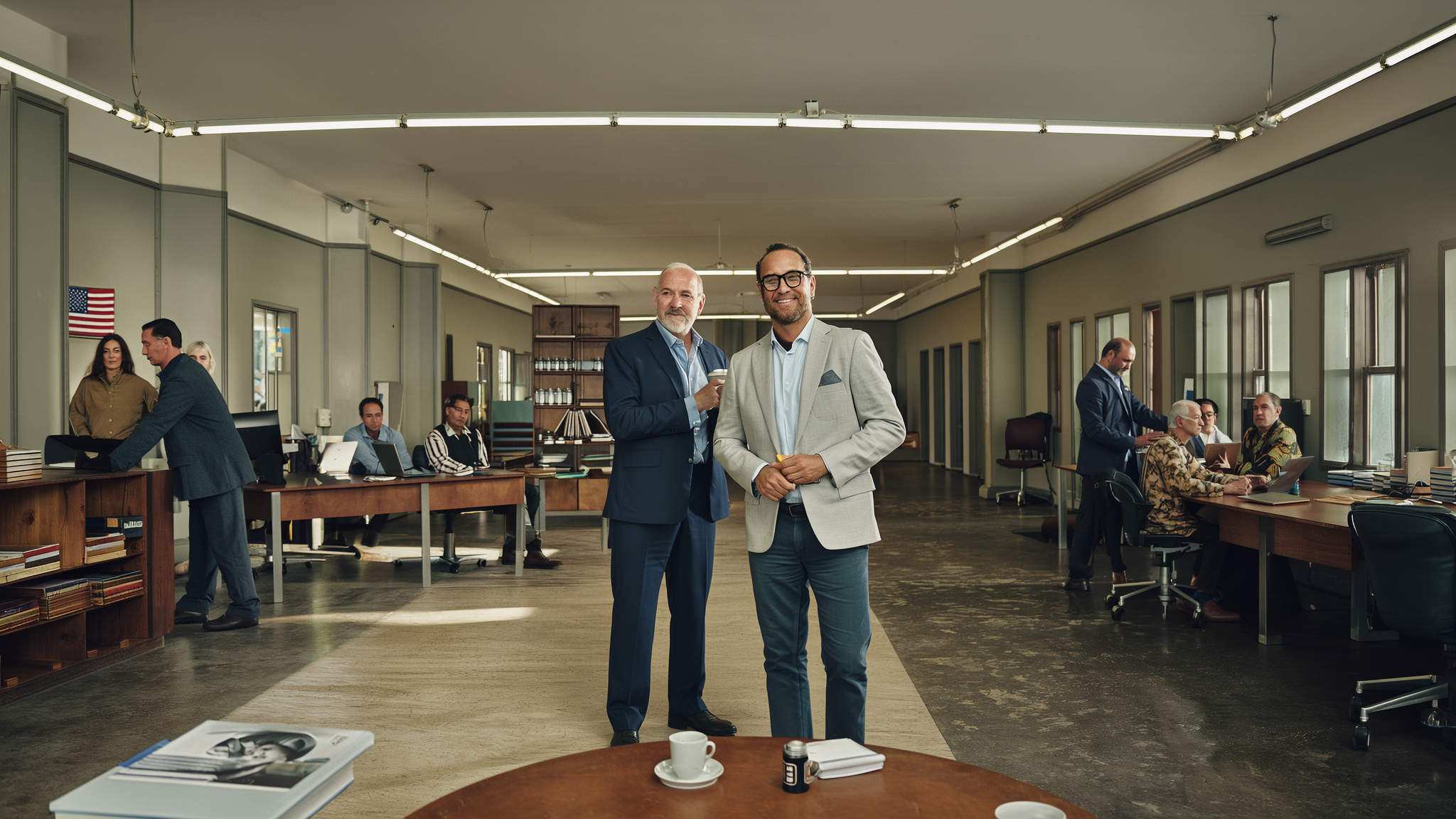 Two men in business attire stand in a modern office with other workers at desks