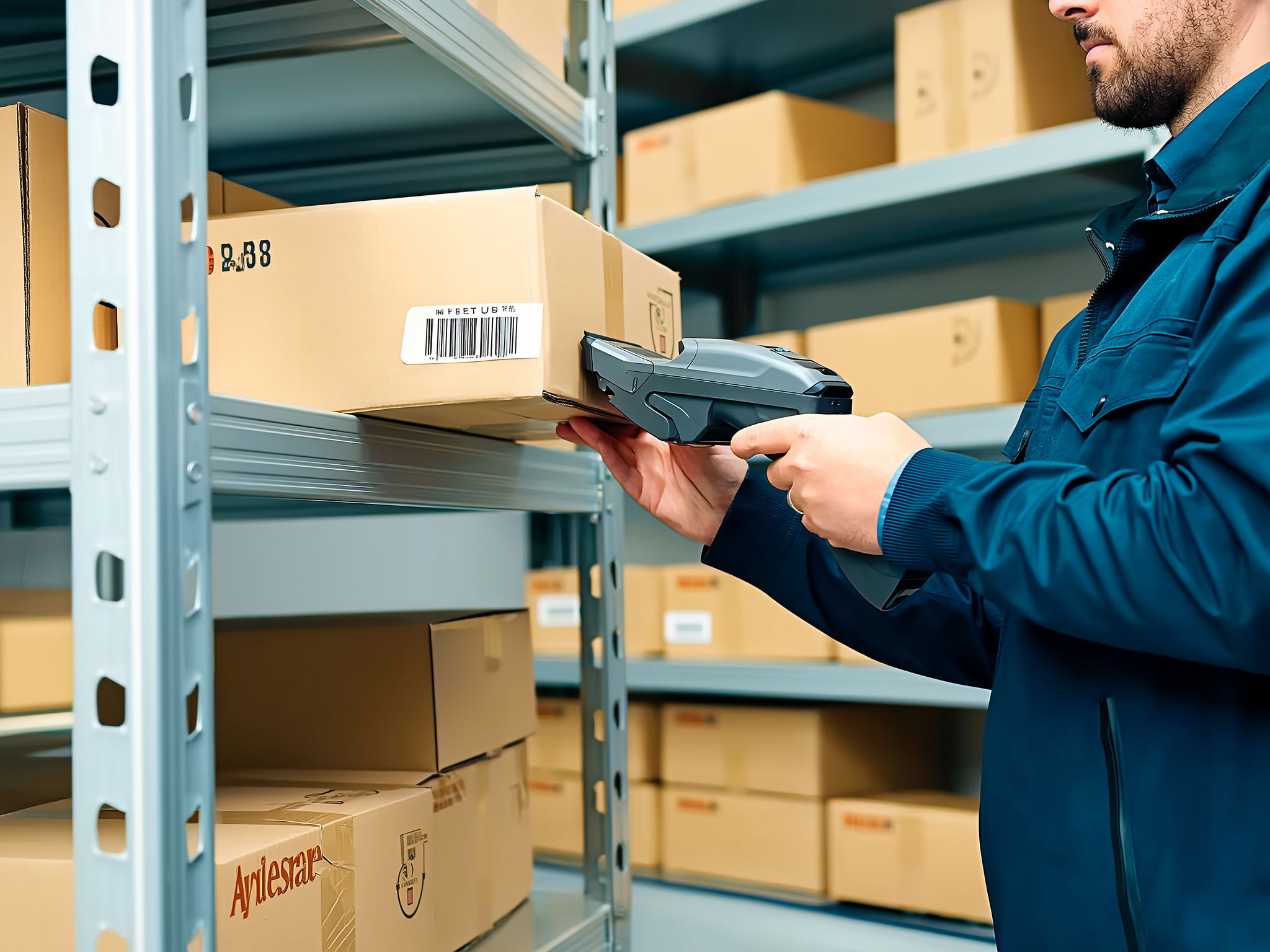 Worker in blue uniform holding handheld scanner device next to cardboard boxes on warehouse shelving
