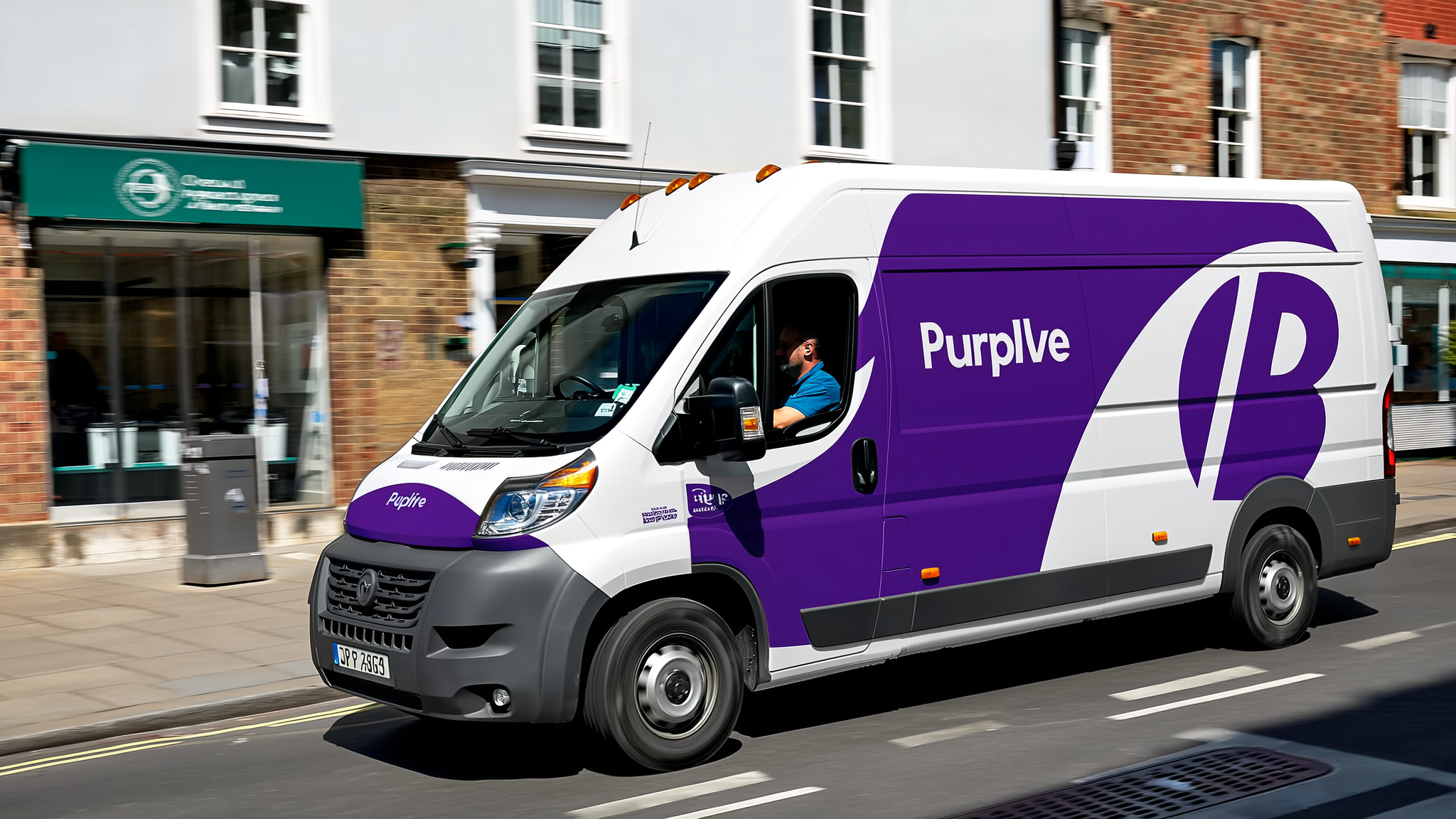Purple and white delivery van with driver in motion on urban street with storefronts