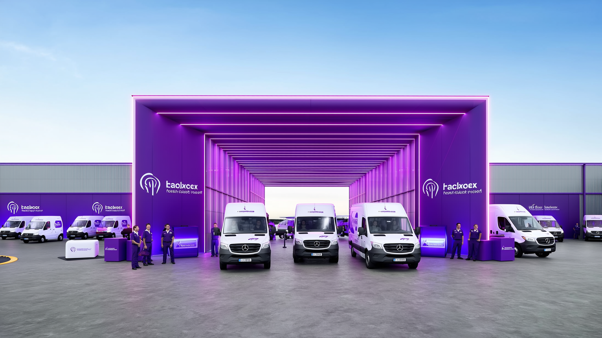 White delivery vans and purple branded vehicles displayed in front of large purple warehouse structure