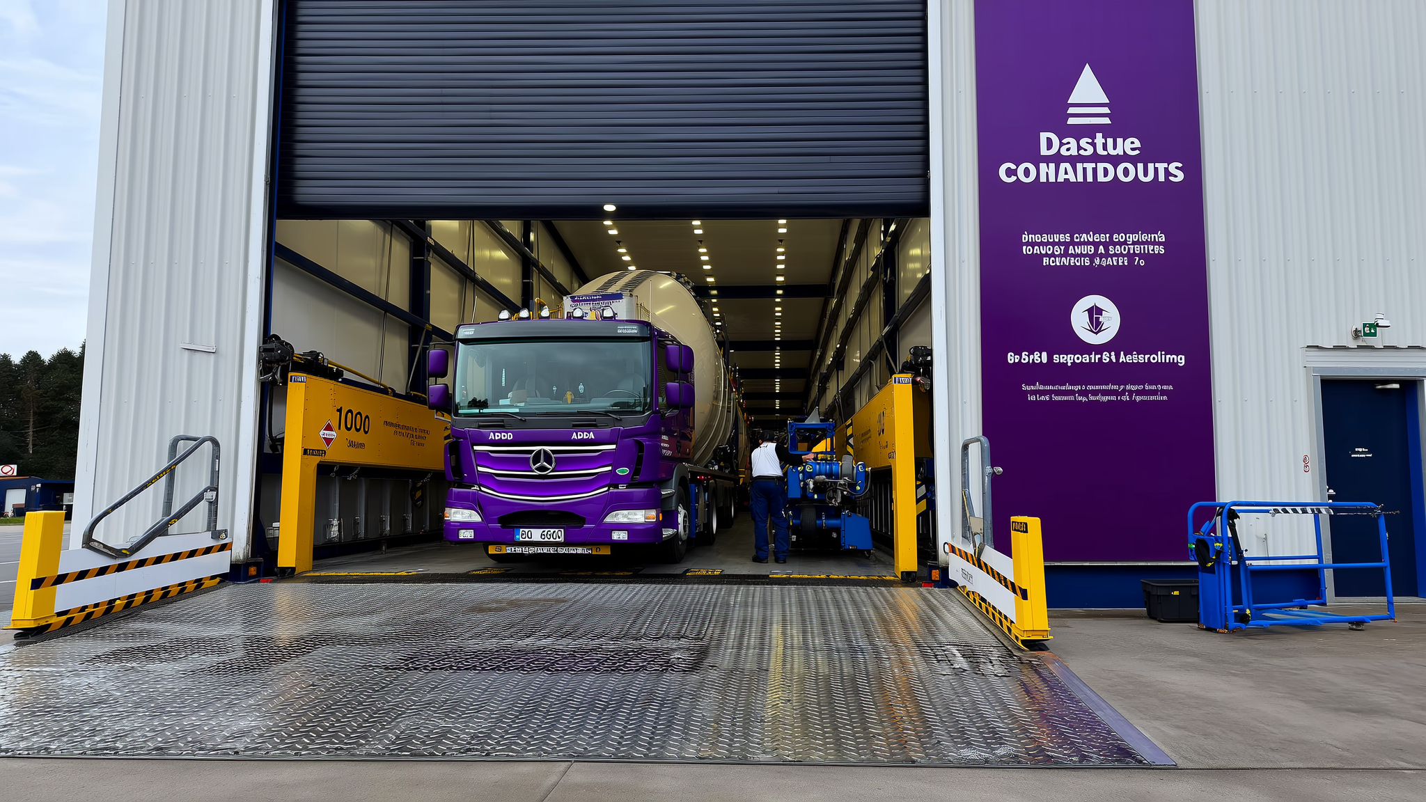 Purple and yellow truck inside modern warehouse facility with rolling shutter door open