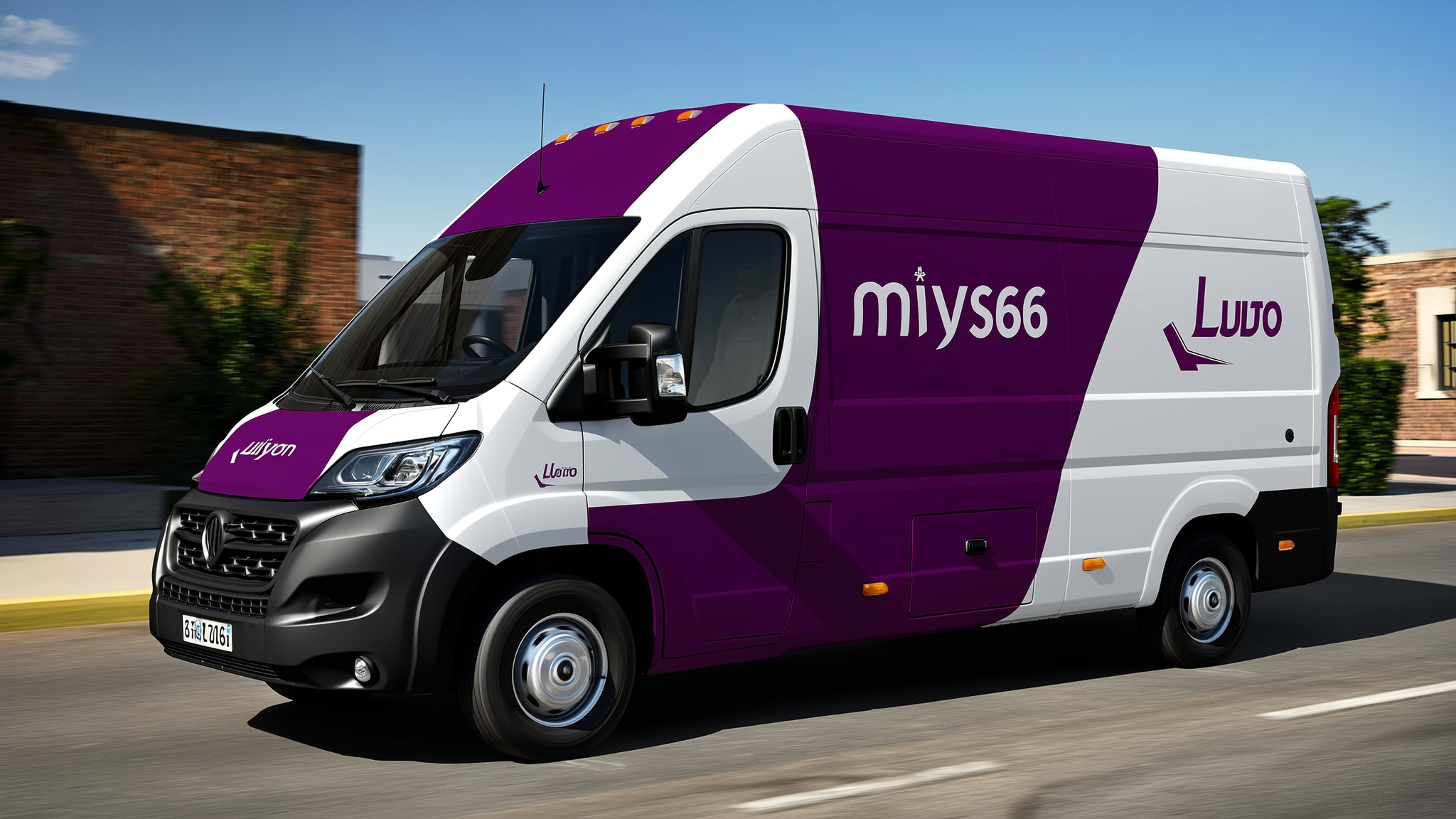 Purple and white delivery van with miys66 and Luvo branding on side