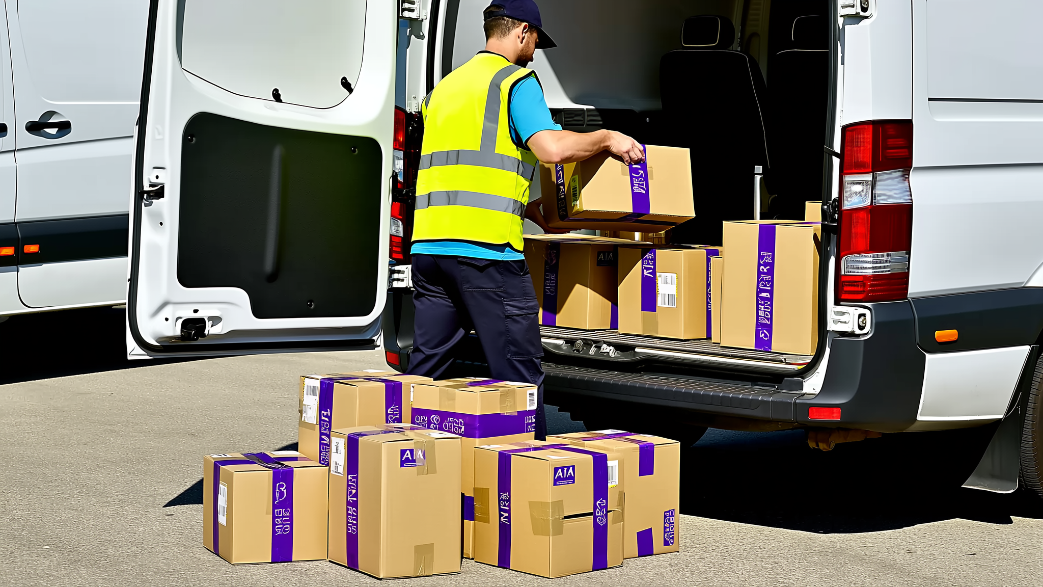 Courier in high-visibility vest loading cardboard parcels with purple branding into white van