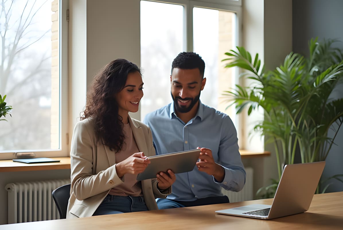 Two professionals reviewing tablet together at bright workspace with plants