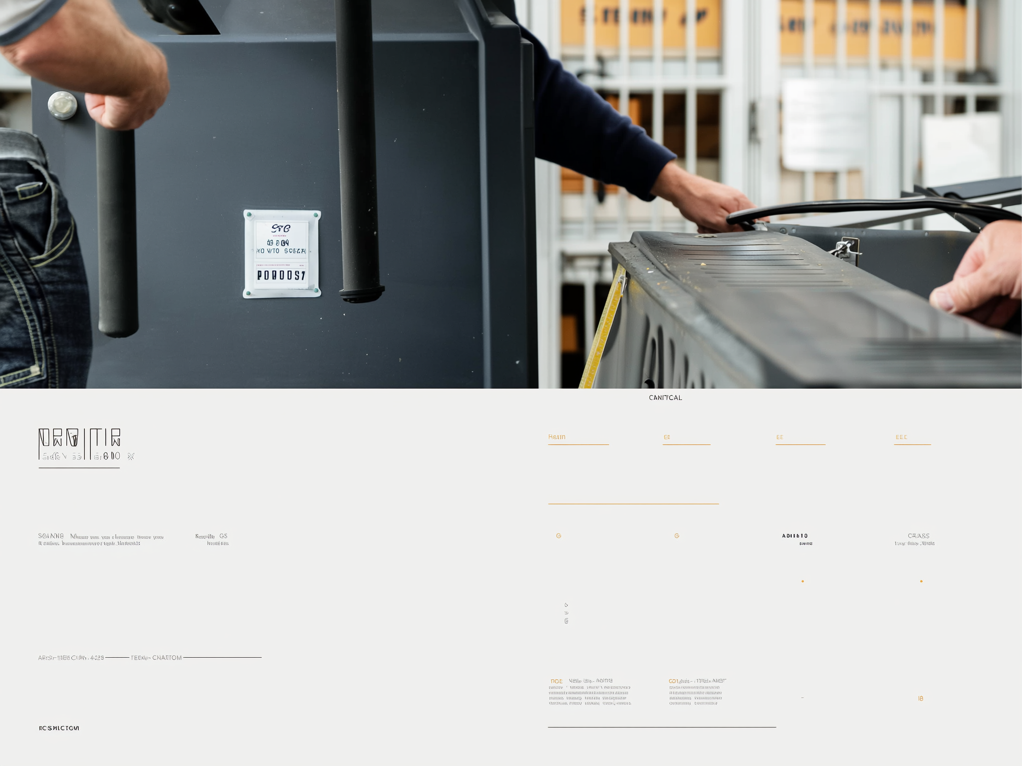 Two people opening a dark gray metal storage box or truck bed with yellow trim