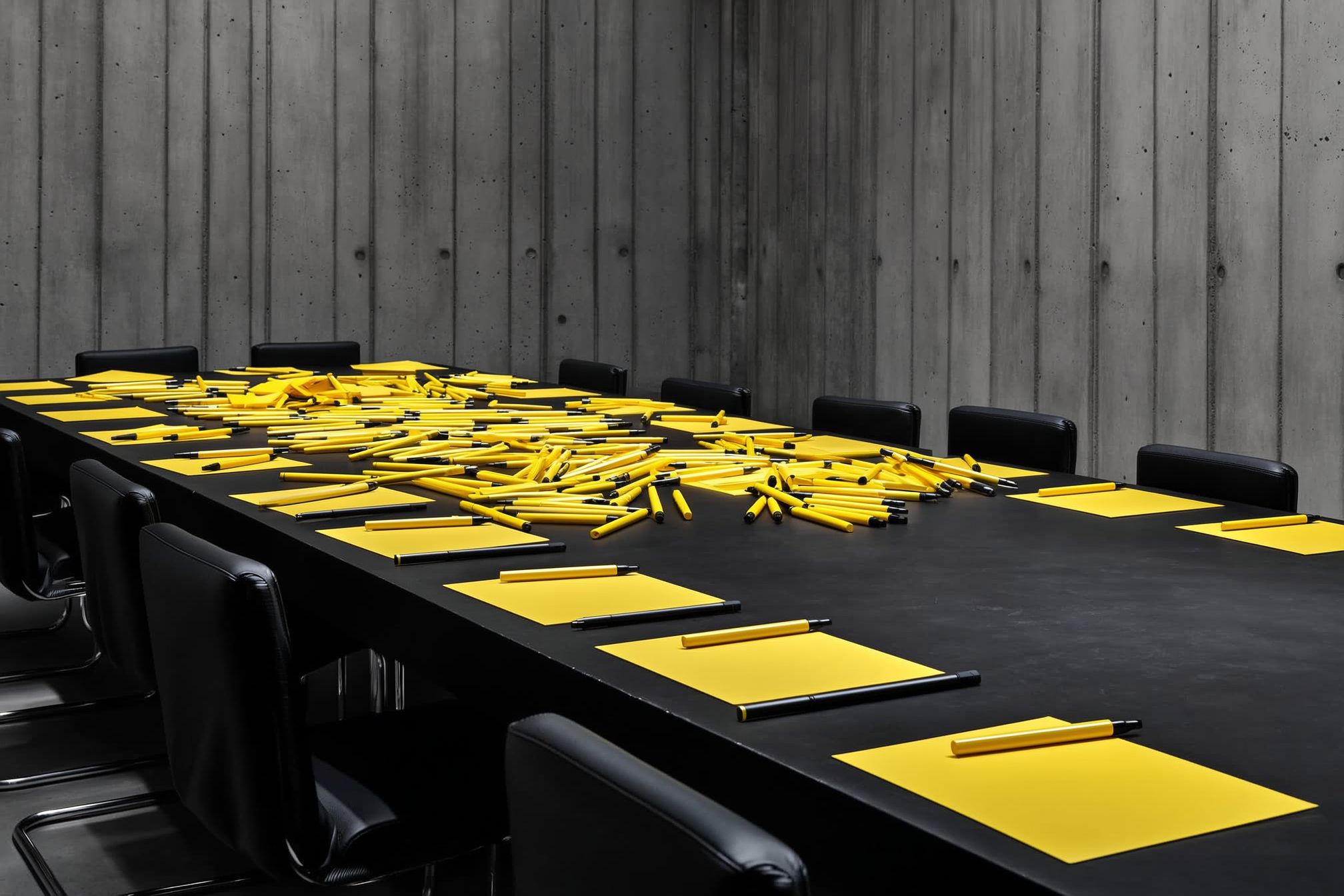 Long black conference table with yellow notepads and pens, black chairs, concrete wall backdrop