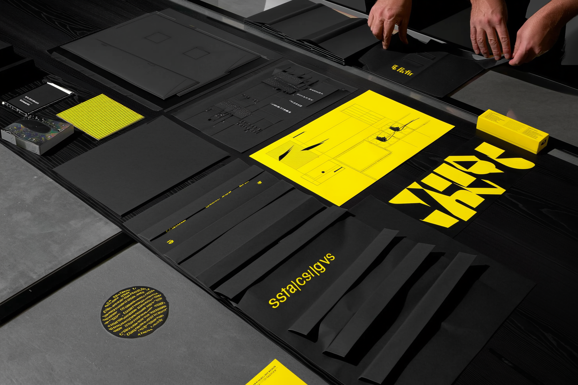 Black and yellow branding materials and design sheets laid out on surface with hands visible