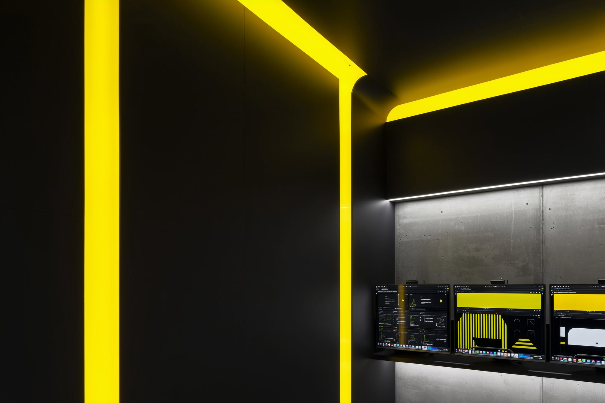 Modern workspace with bright yellow neon framing and dark walls, computer monitors displaying design software