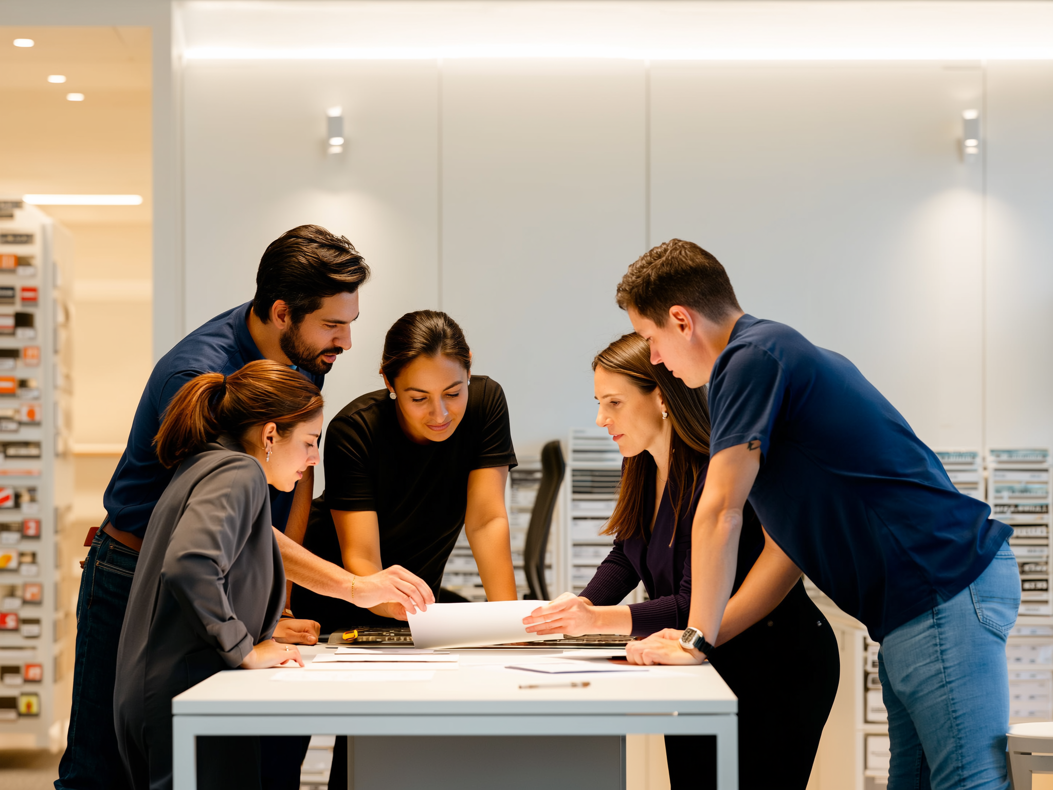 Five professionals gathered around a white table reviewing documents in a modern office