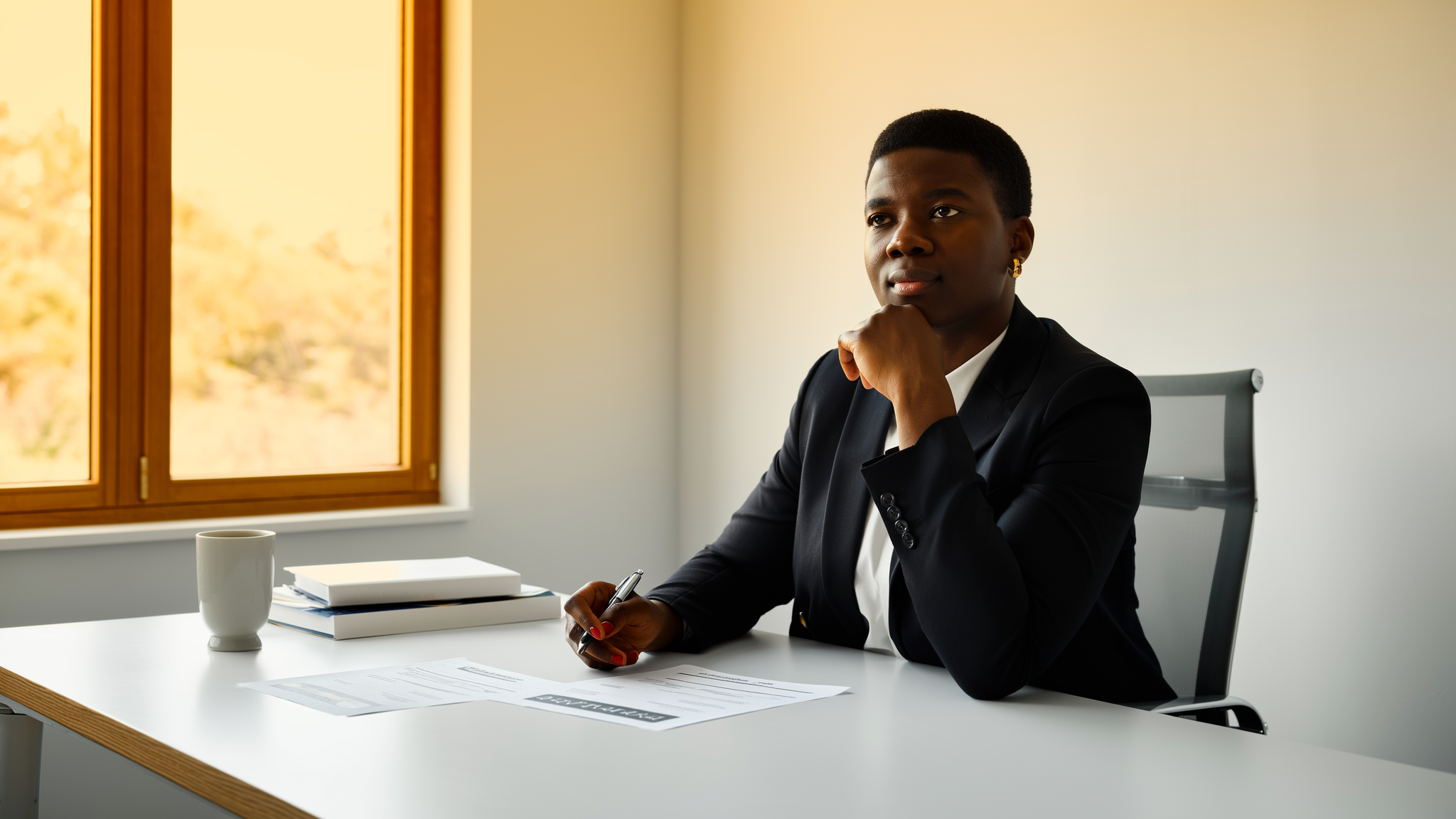 Professional woman in dark blazer sitting at desk with documents and coffee cup