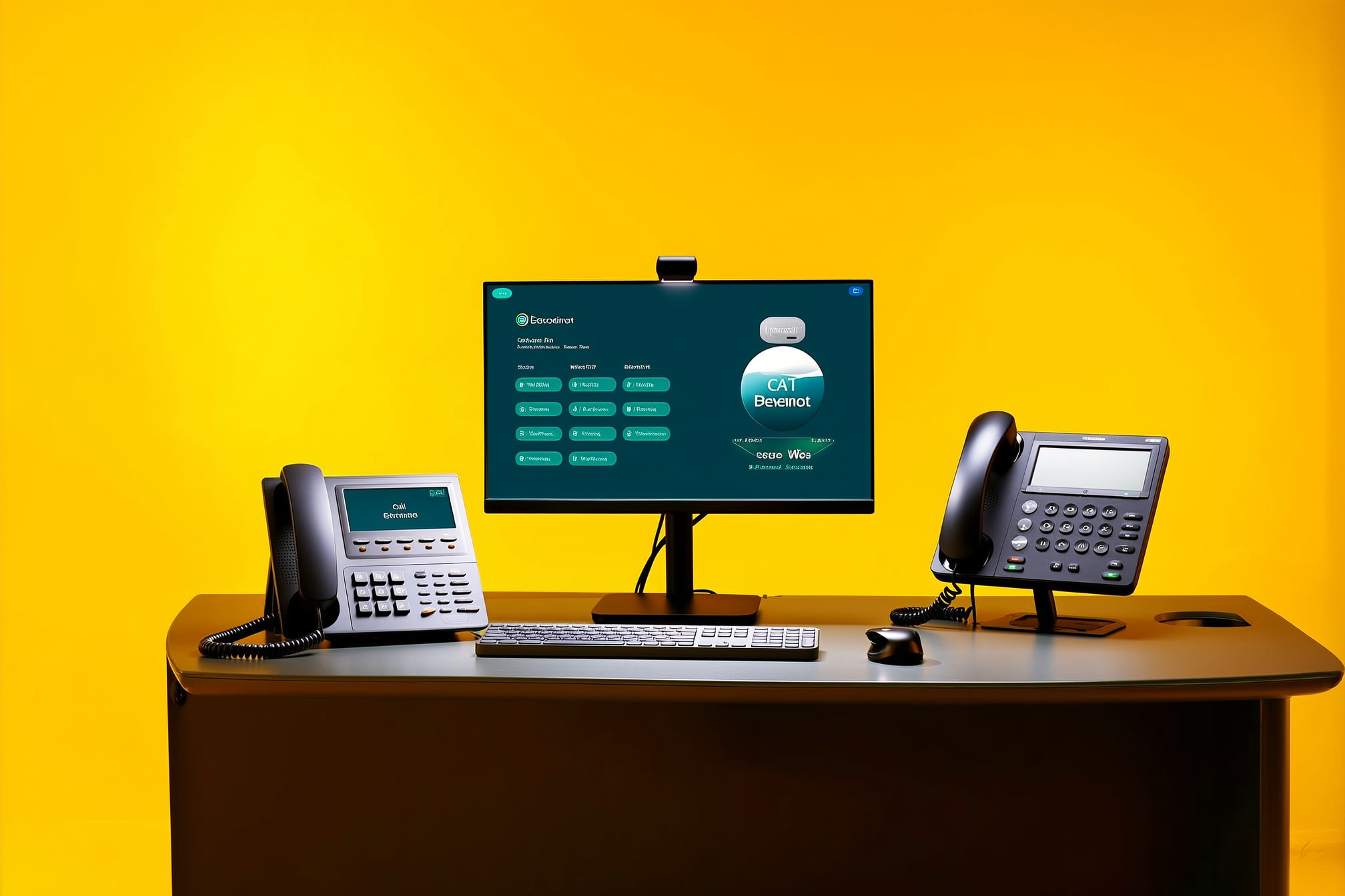 Desk with two IP phones and monitor displaying AI receptionist interface on yellow background