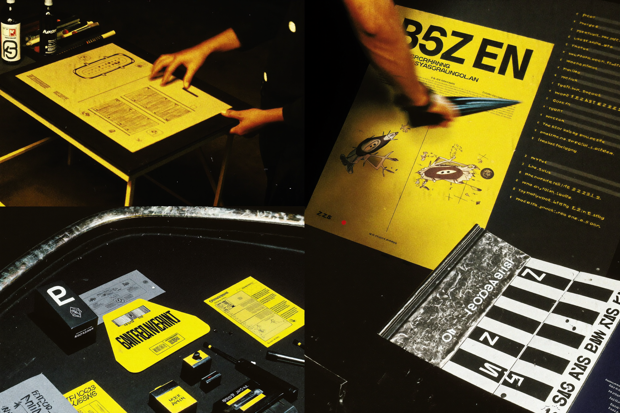 Hands examining yellow and black design materials and mockups on a dark table