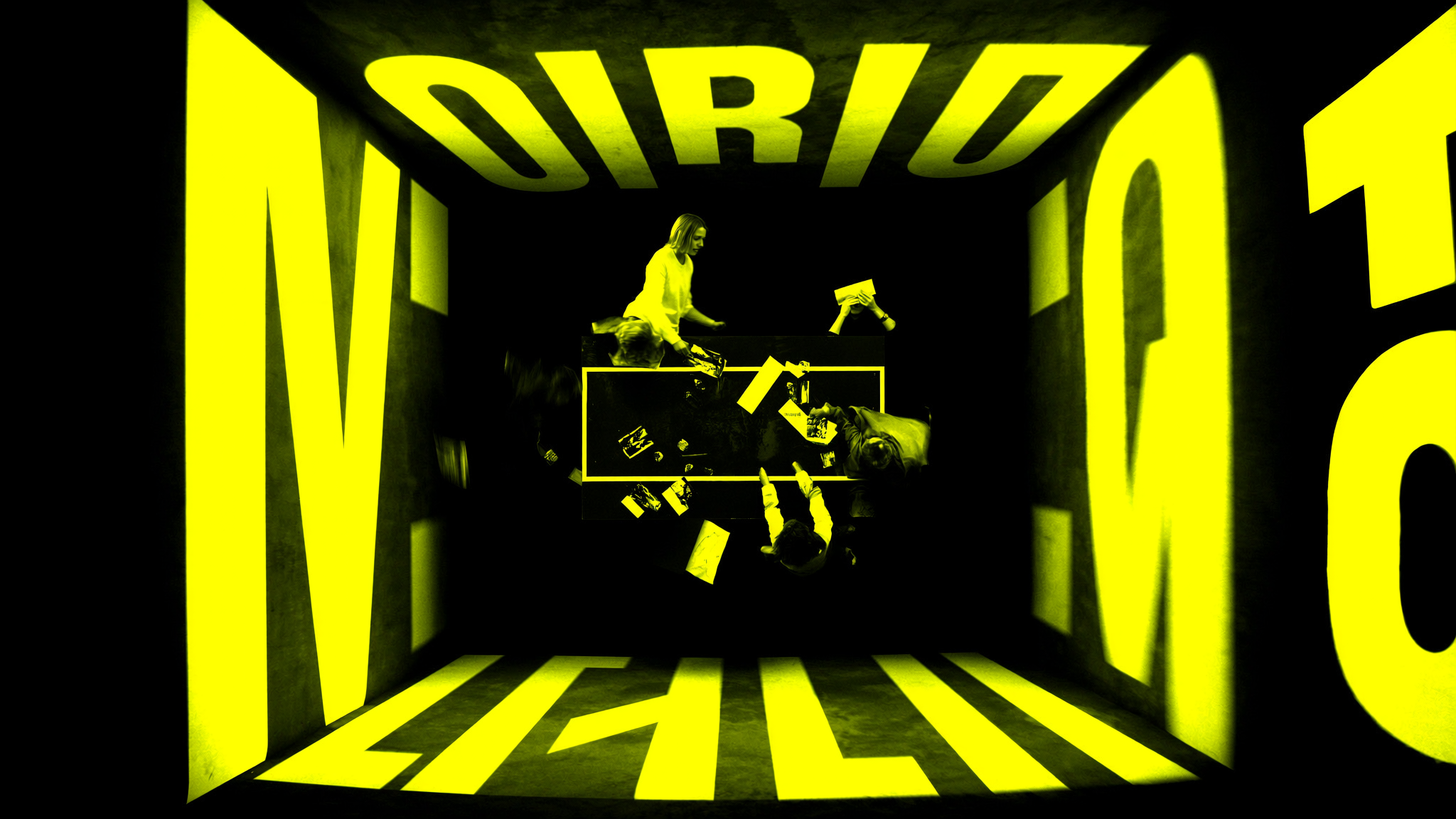 Neon yellow and black 3D illustration of people collaborating around a table with geometric shapes