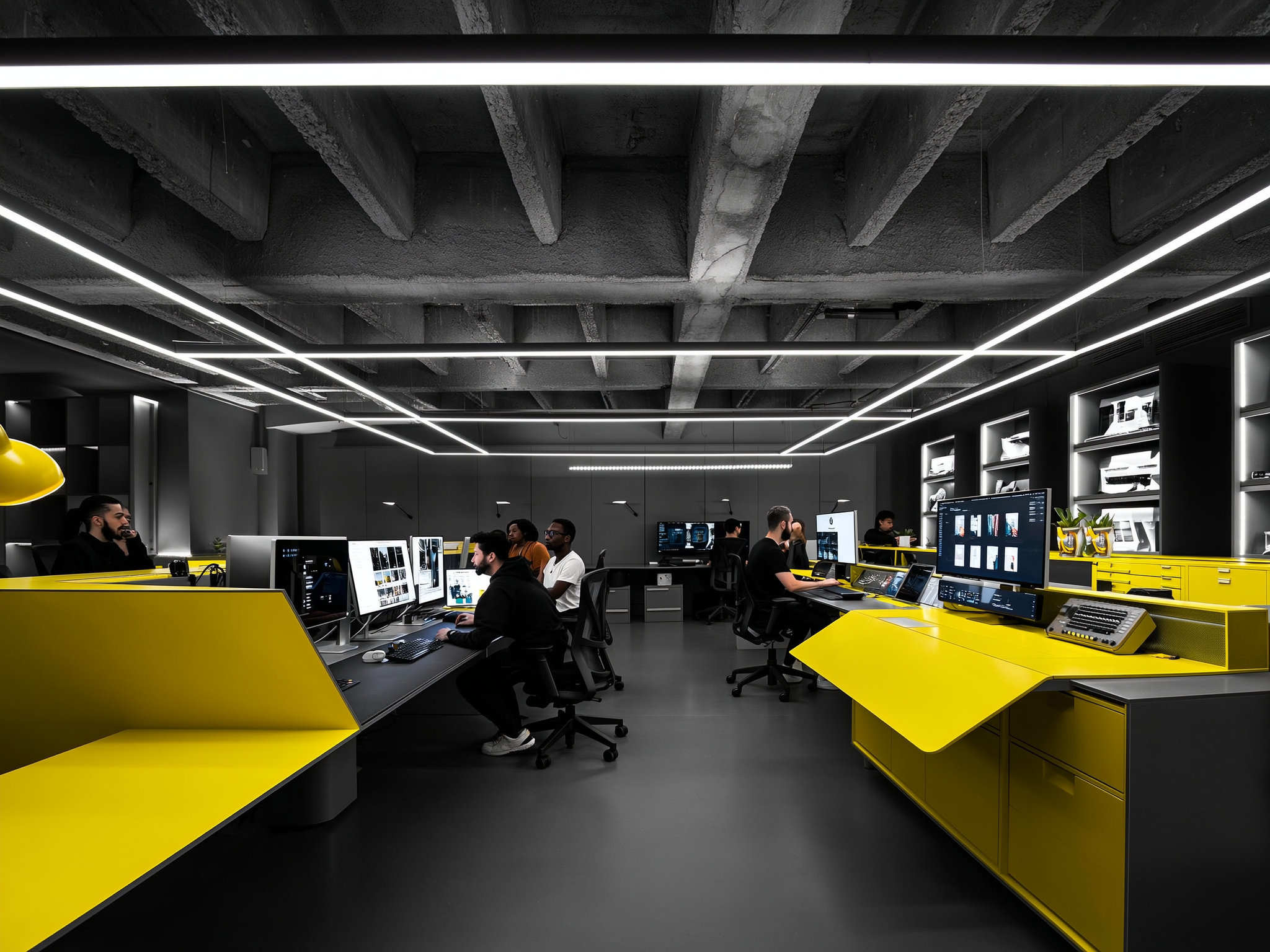 Modern office workspace with yellow desks, computer monitors, and workers in industrial setting