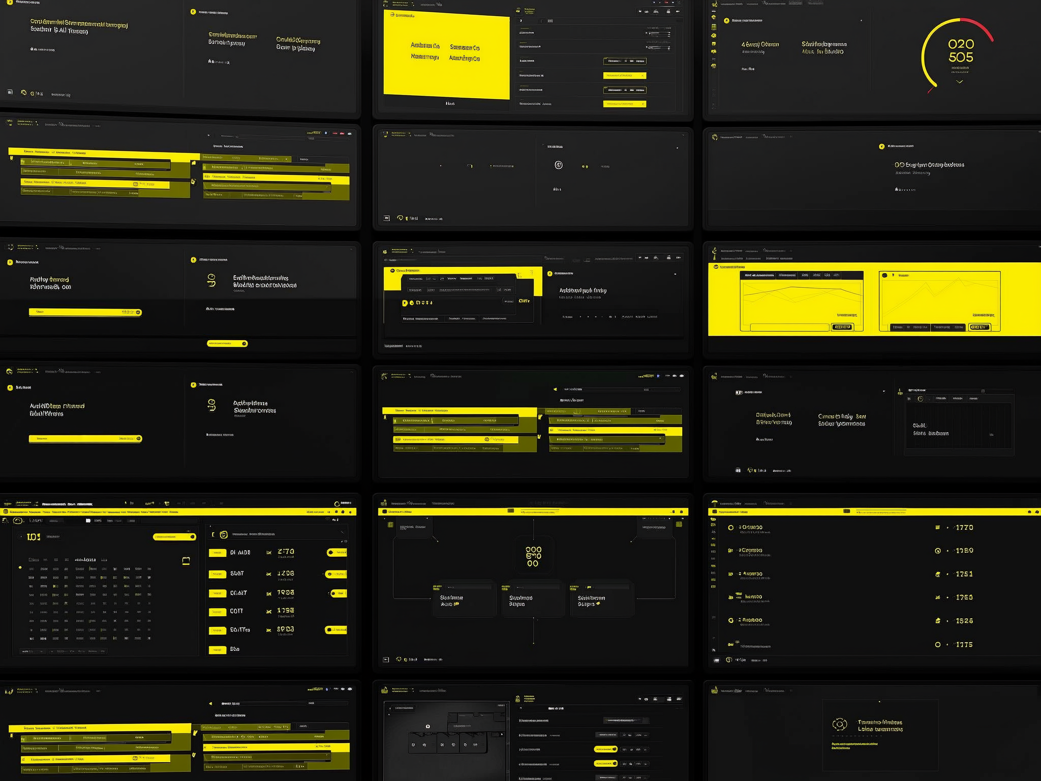 Grid of various software interface screenshots with yellow highlights on dark backgrounds