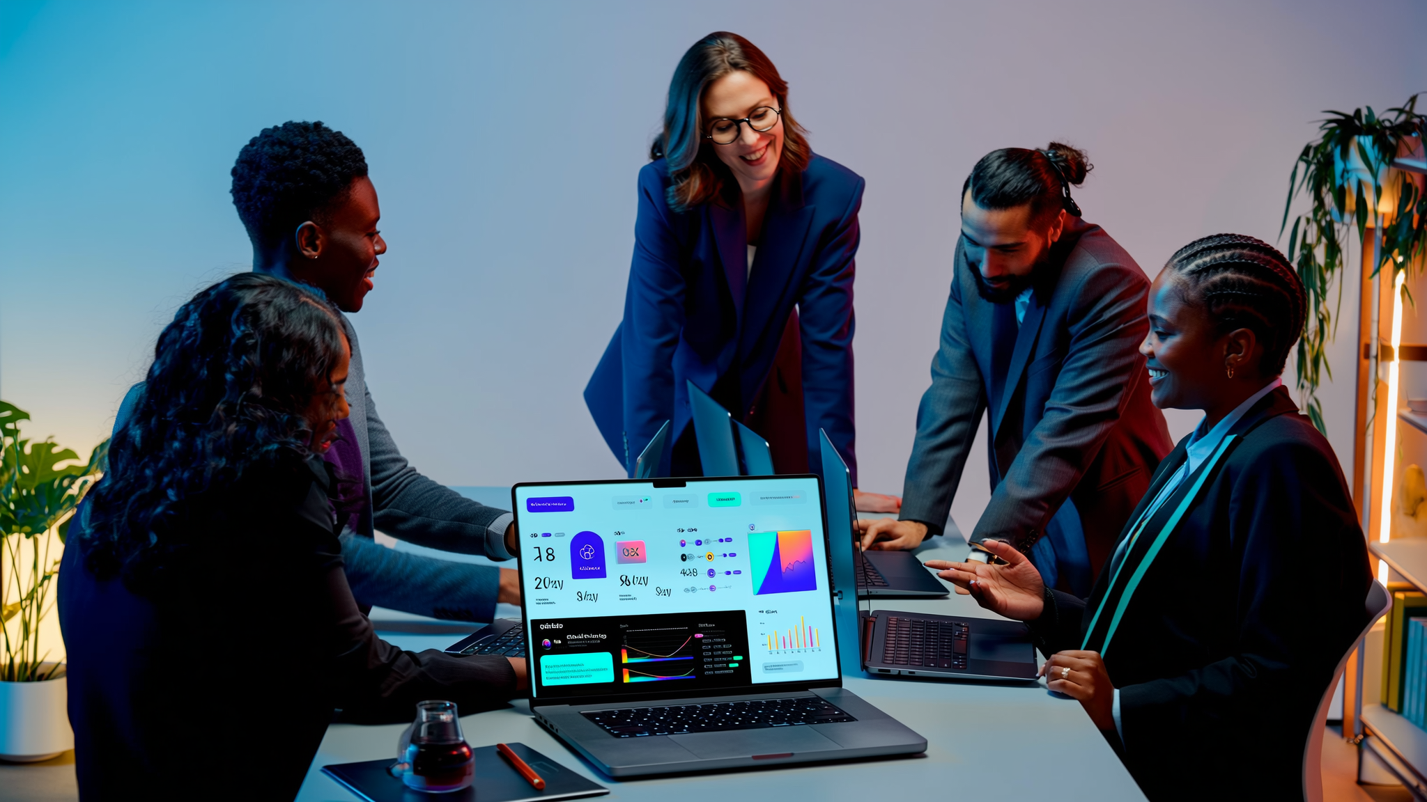 Modern marketing team collaborating around a digital workspace with analytics and AI visualizations